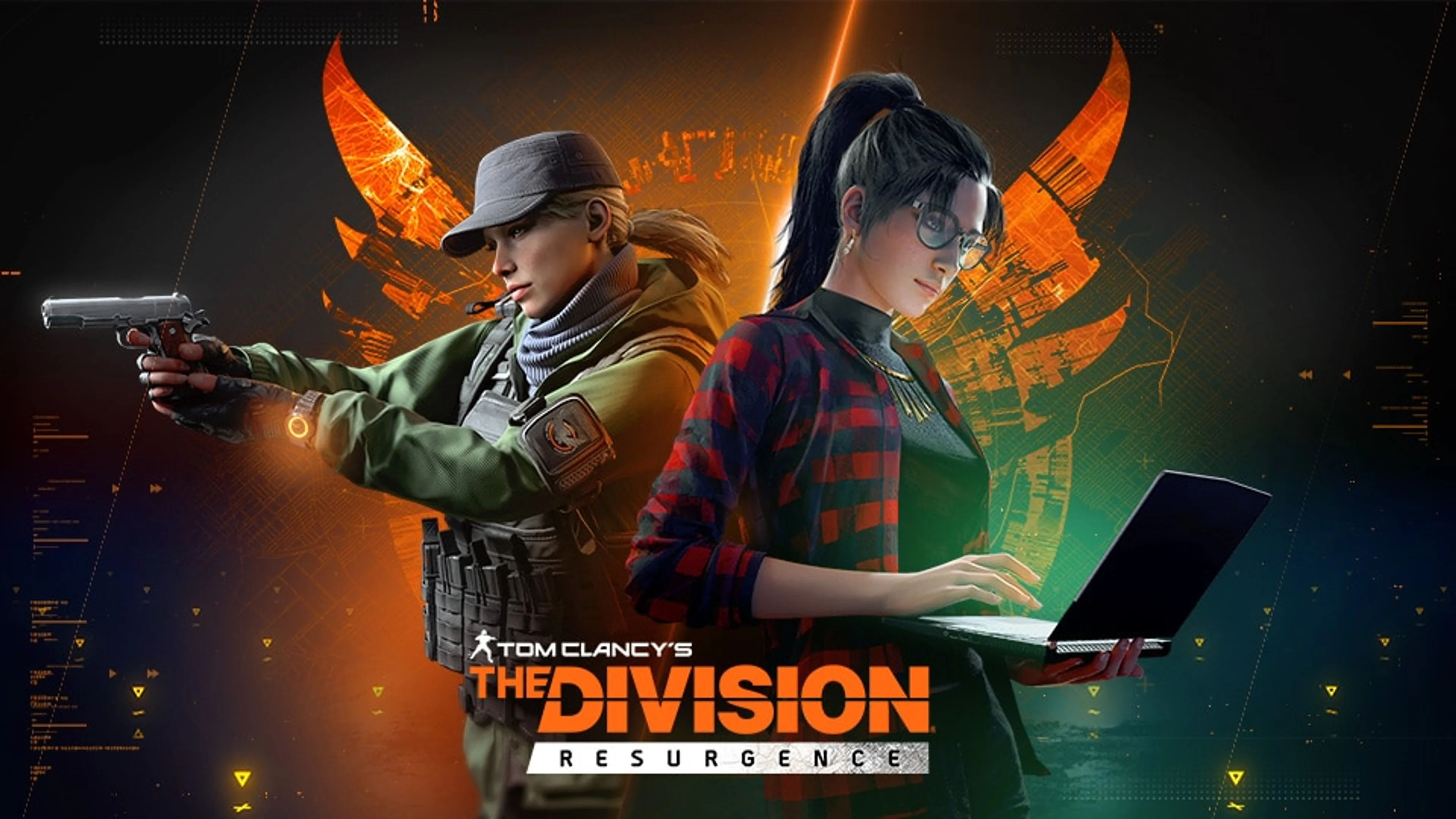 Two Division Resurgence characters stand in front of the orange Division phoenix logo