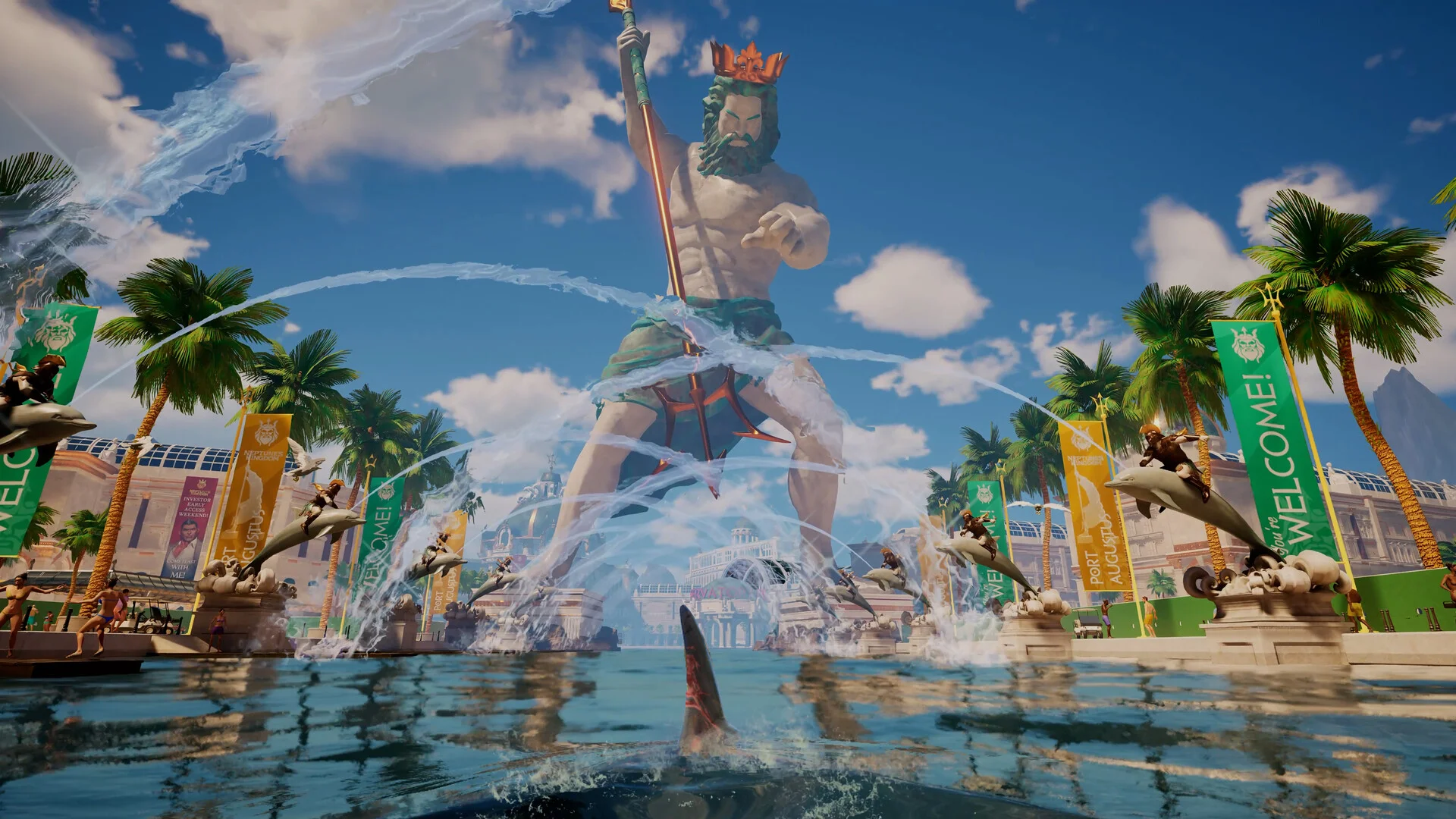 A monumental Neptune statue rises above the fountains of Neptune’s Kingdom.