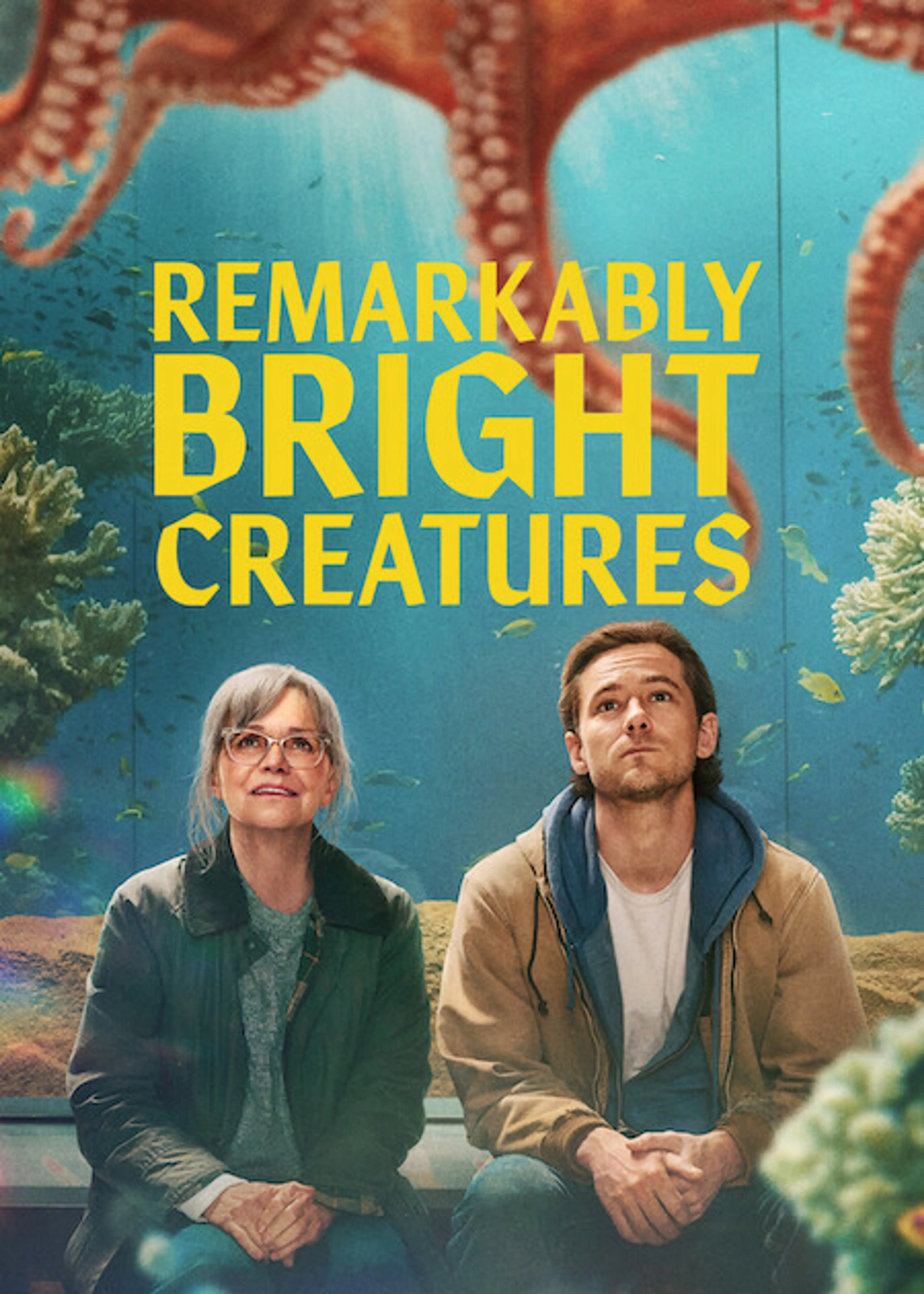 Official Netflix poster for Remarkably Bright Creatures, with Sally Field, Lewis Pullman and an octopus above the title.