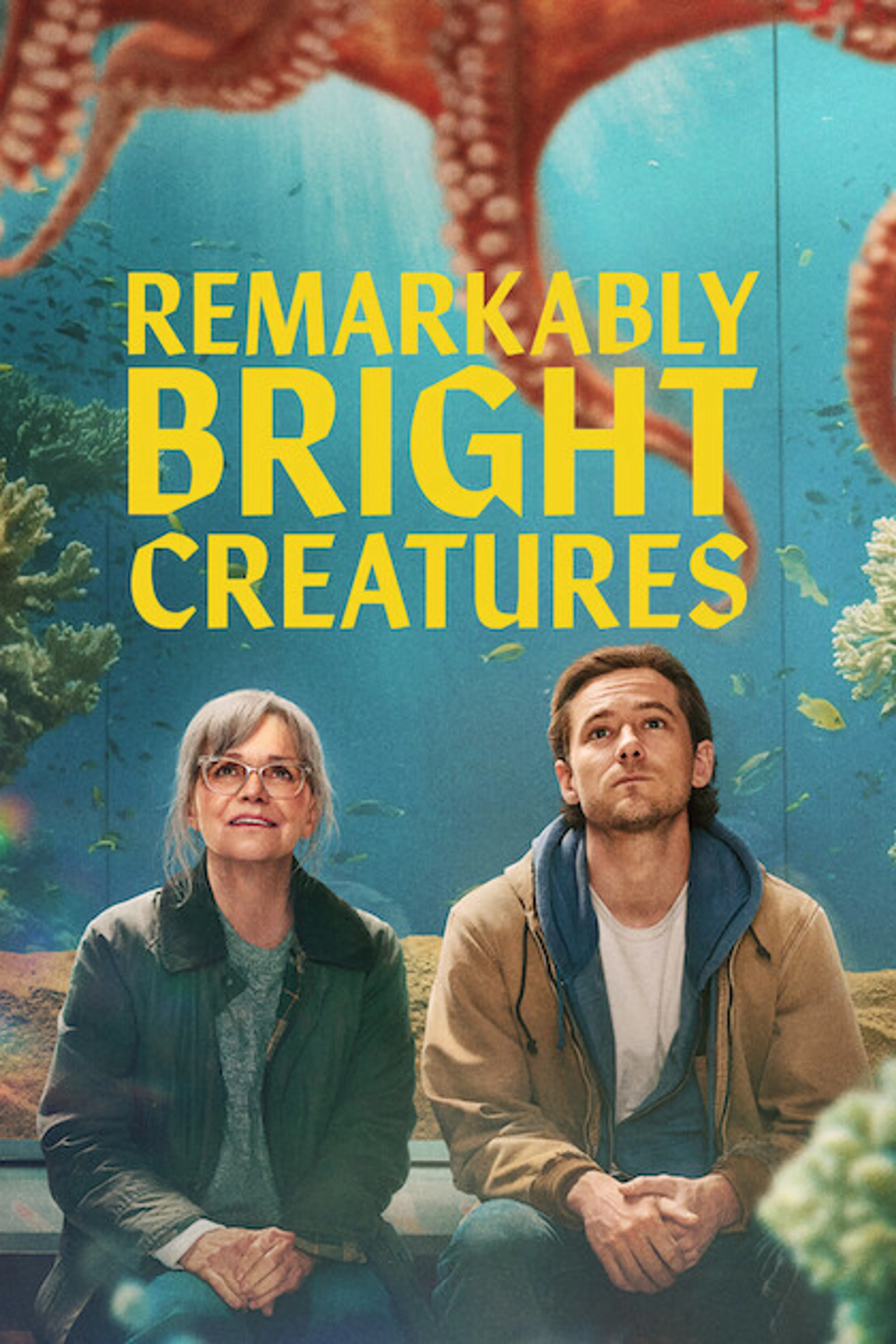 Official Netflix poster for Remarkably Bright Creatures, with Sally Field, Lewis Pullman and an octopus above the title.