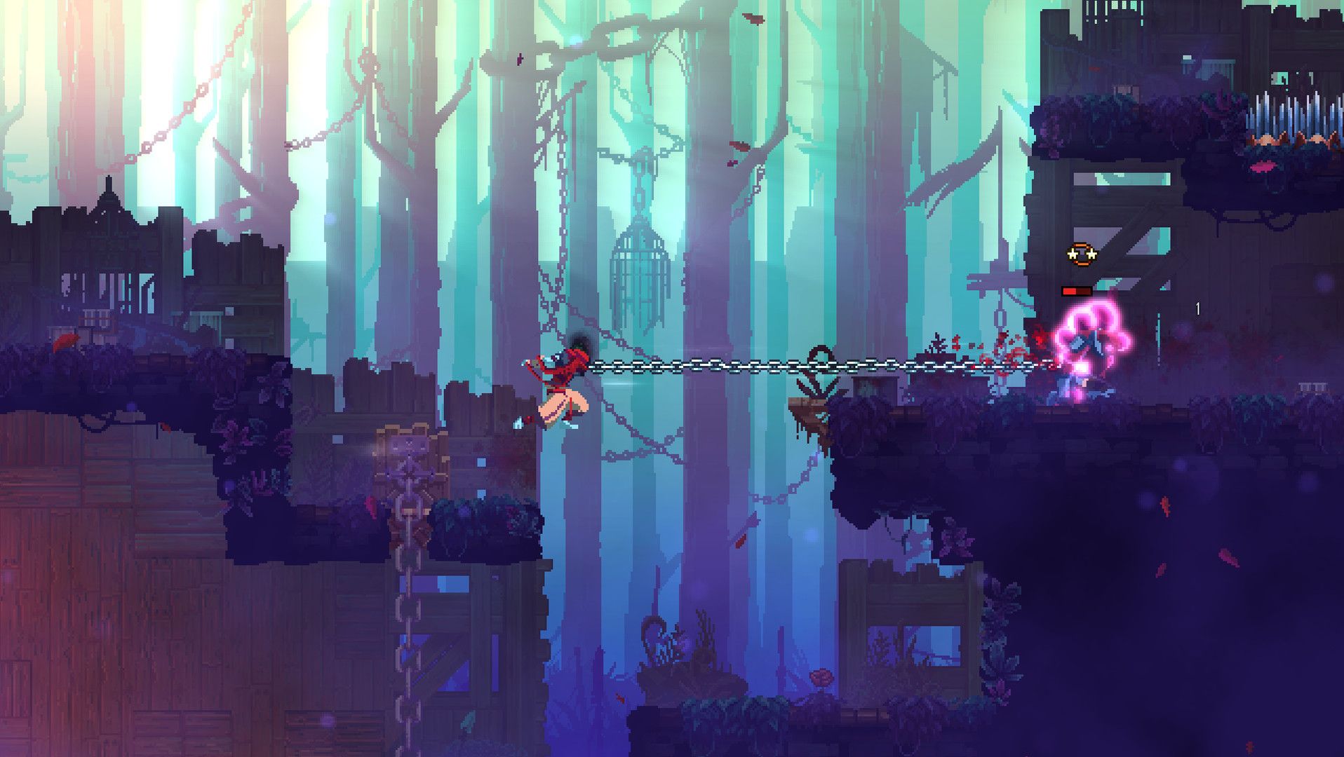 The hero crosses a gap between two forest platforms using a chain-like movement effect.