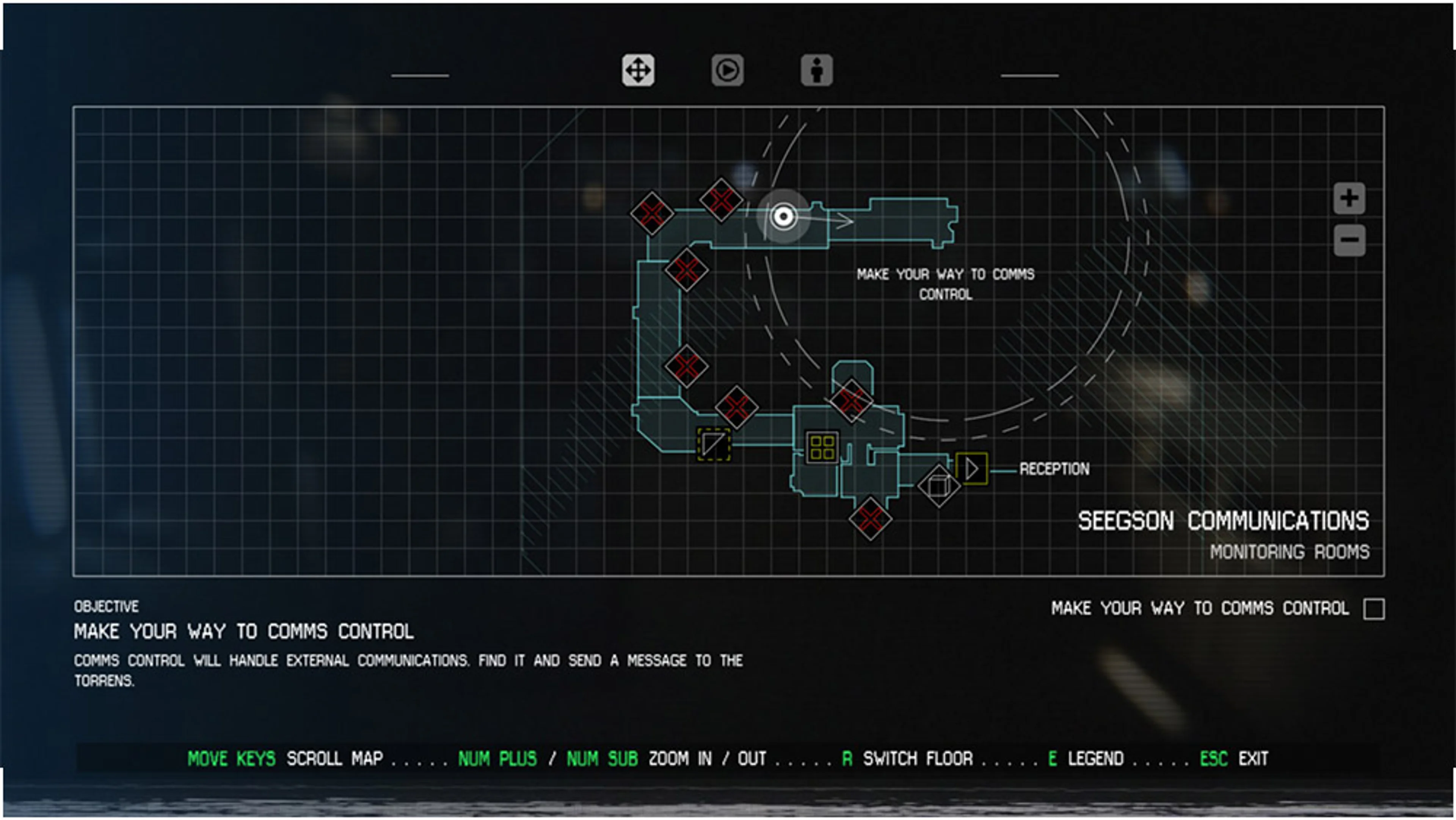 Official Alien: Isolation map screen with a room layout in the center, an objective sentence below it, a circular objective marker on the map and the symbol legend control at the bottom.