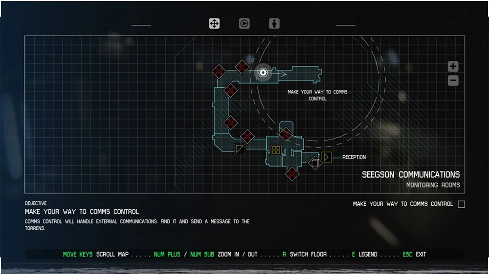 Official Alien: Isolation map screen with a room layout in the center, an objective sentence below it, a circular objective marker on the map and the symbol legend control at the bottom.