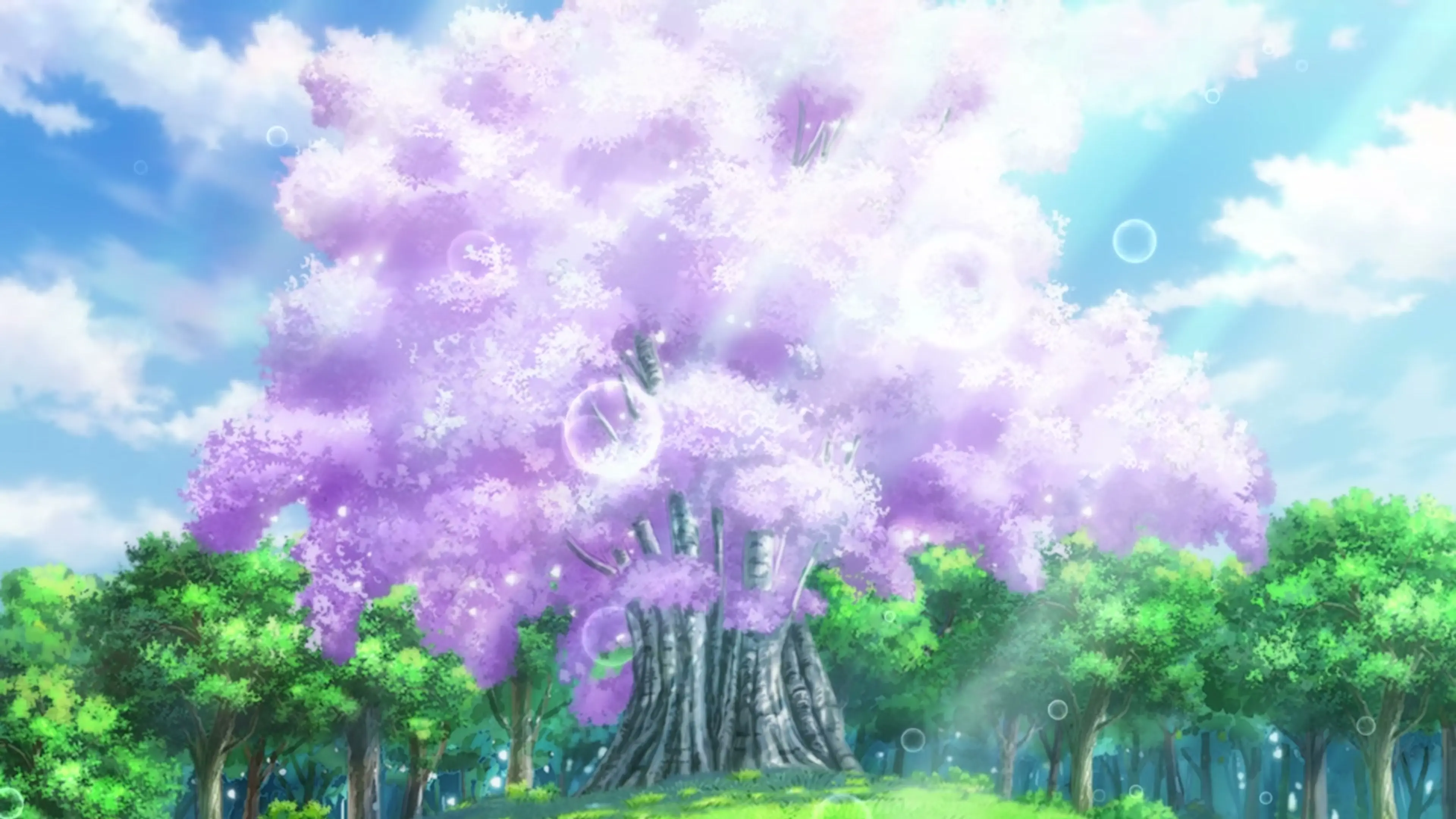 A luminous purple tree glows above a green forest in the From Far Away anime trailer.