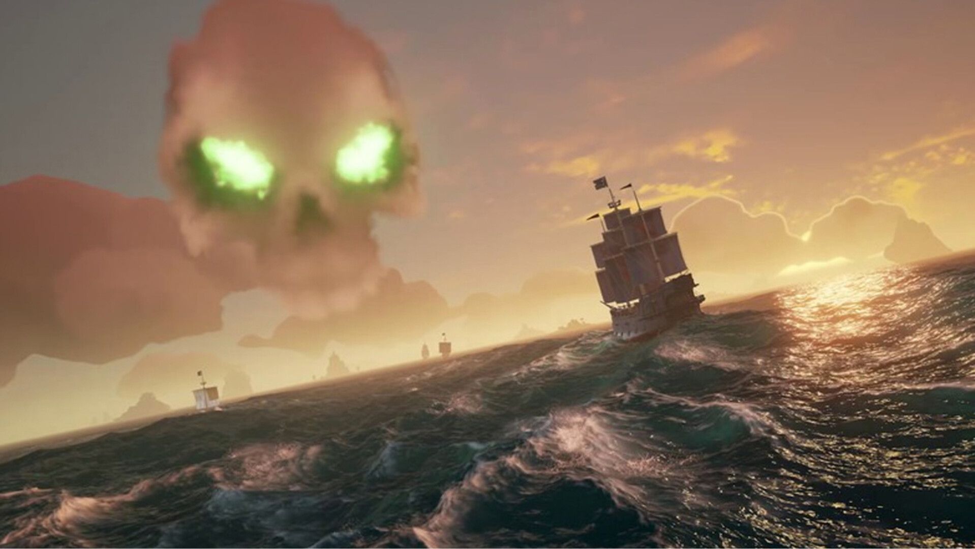 A pirate ship sails beneath a dramatic skull-shaped cloud.