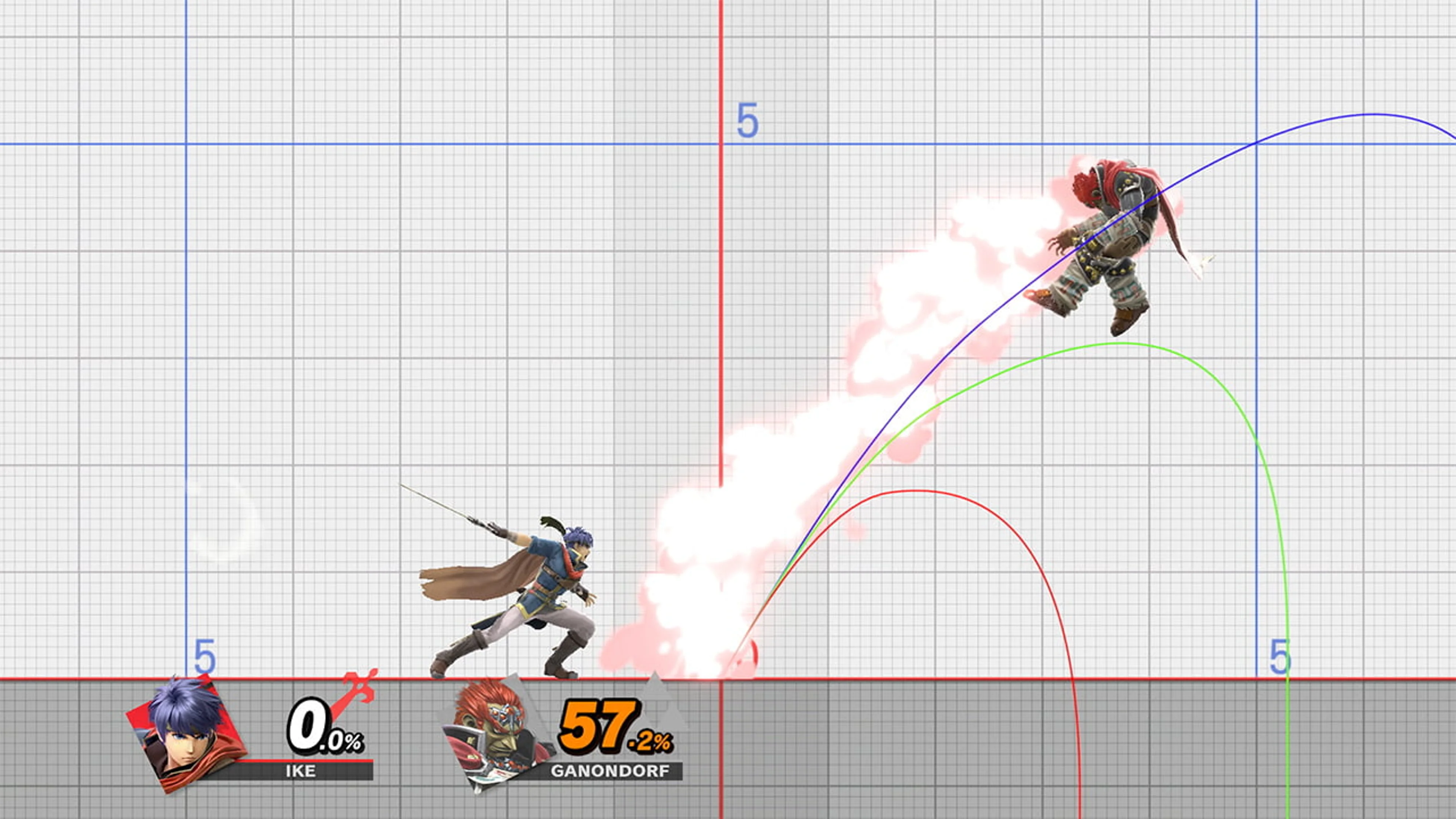 The Training stage has a white measurement grid behind two fighters and an arc showing launch distance.