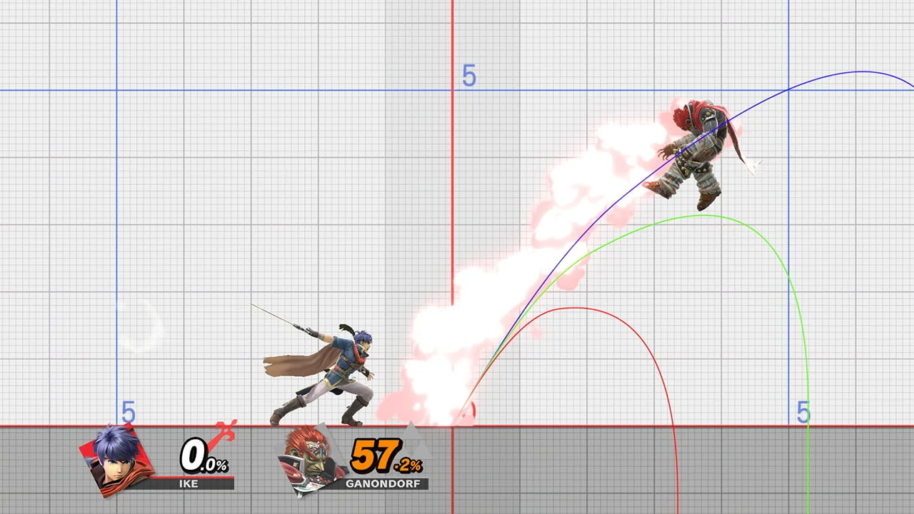 The Training stage has a white measurement grid behind two fighters and an arc showing launch distance.