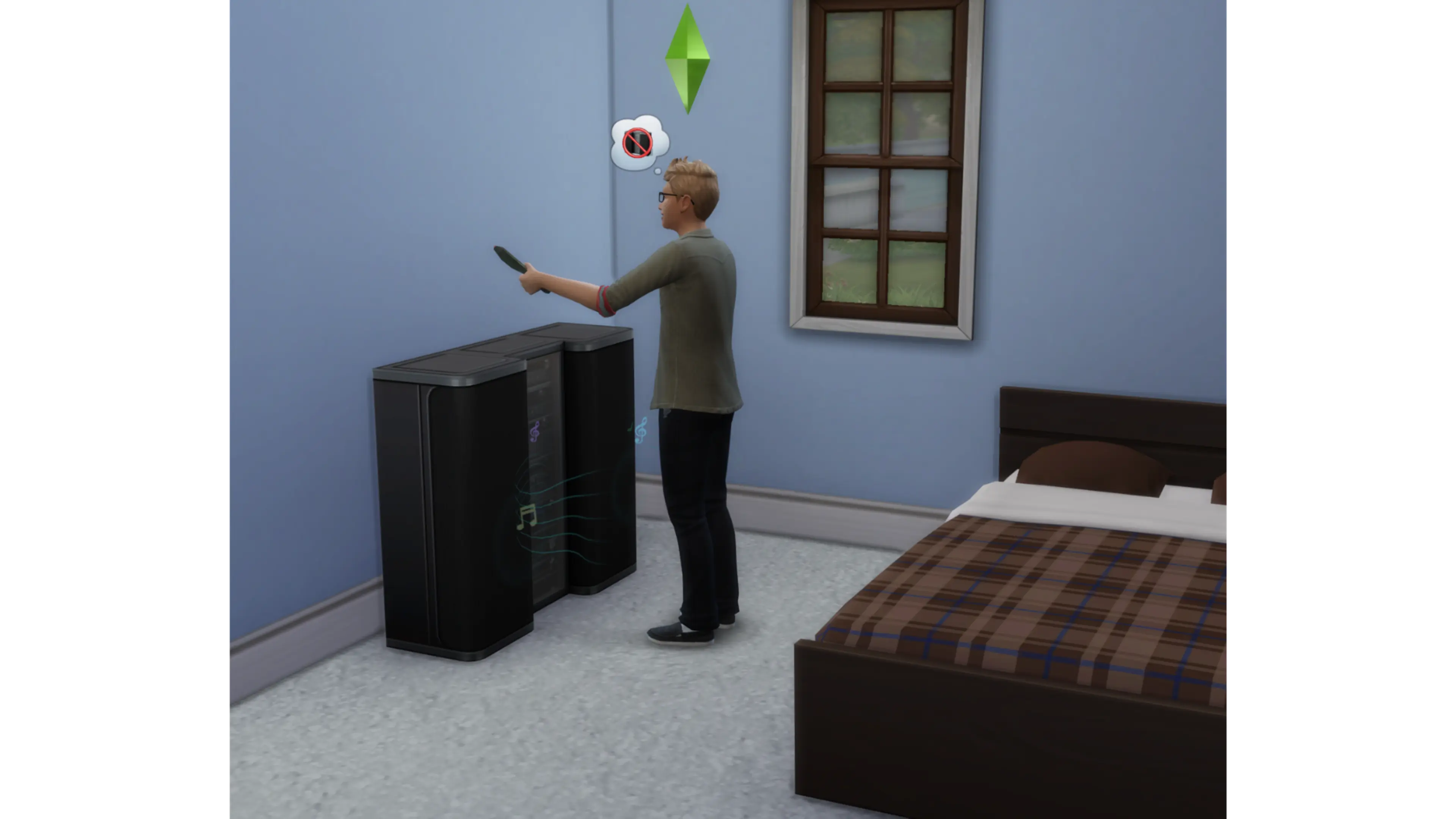 A Sim uses a remote to turn off a loud stereo beside a bed.