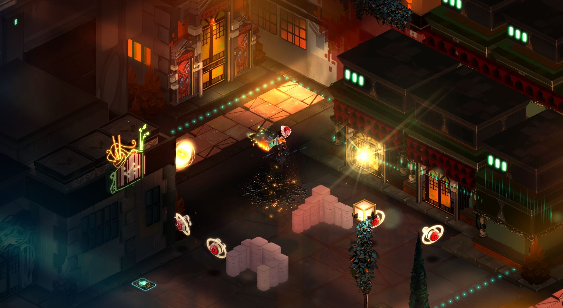 Red fights among red-lit buildings and illuminated paths at night.