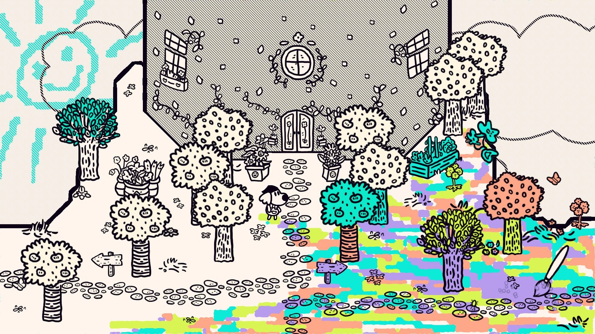 A mostly uncolored town is partly painted in green and blue in Chicory.