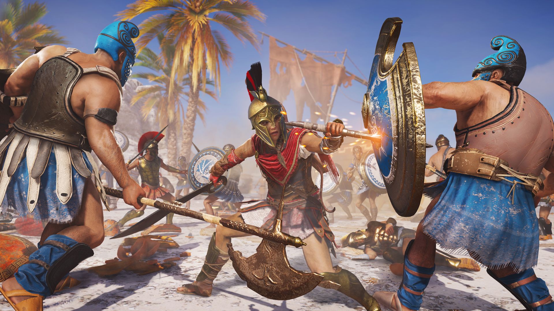 A warrior swings a weapon at two opponents in a crowded street.