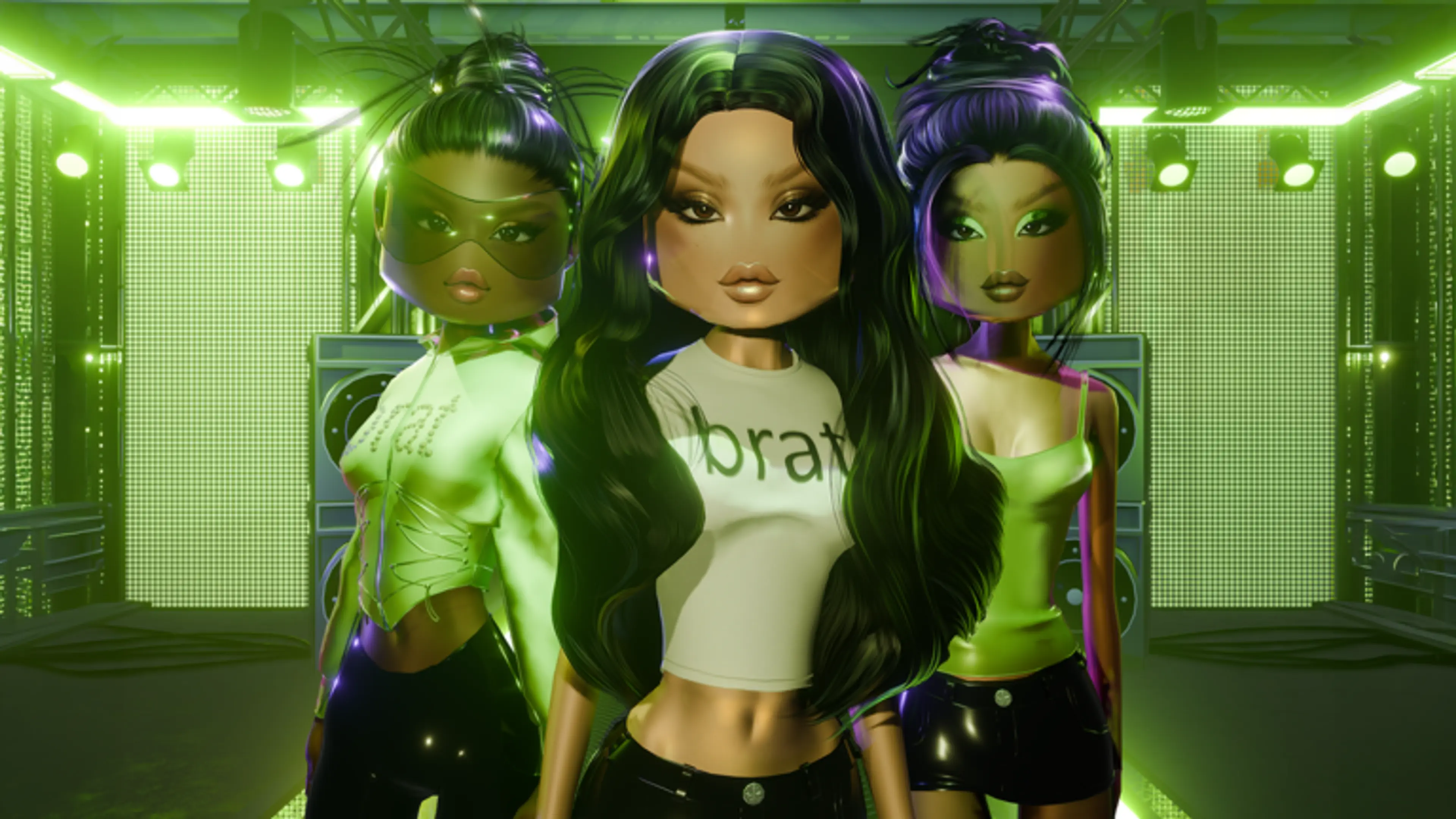 Three Dress To Impress characters in coordinated green and black stage outfits.