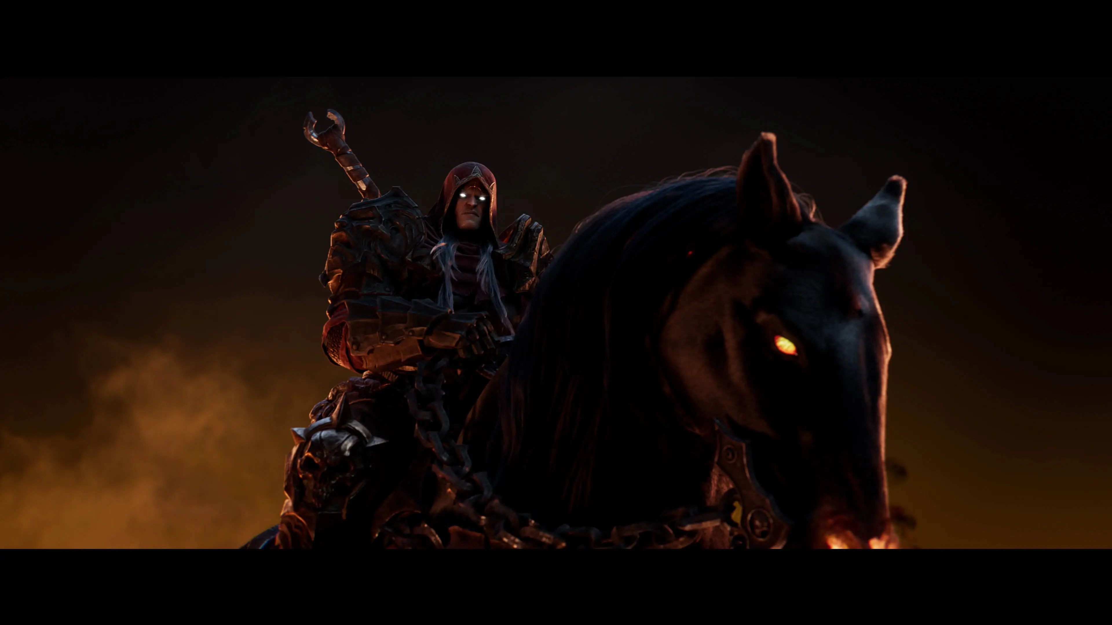War sits on his horse against a dark sky.