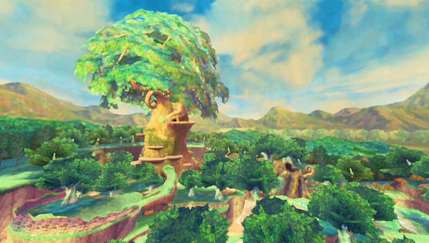 A huge tree rises above green forest paths in Faron.