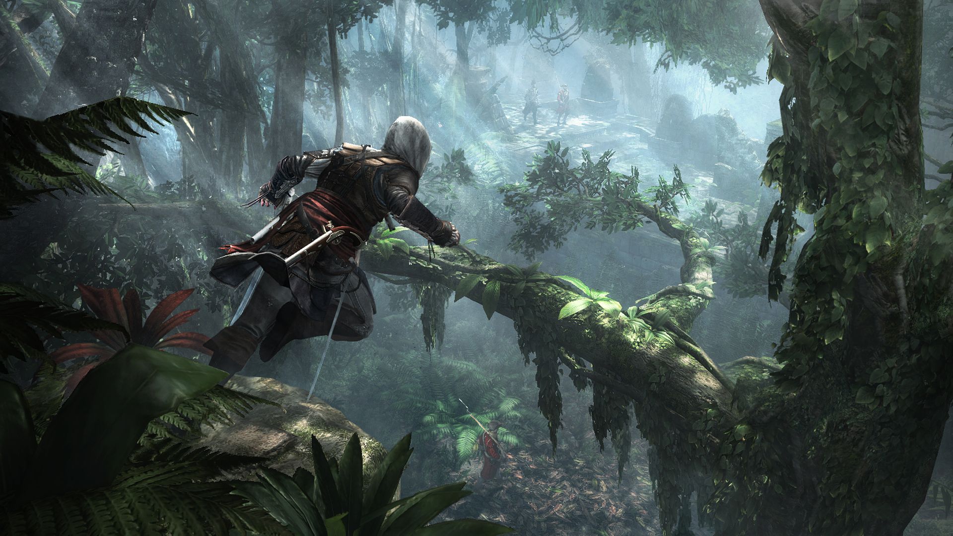 Edward runs through a dense green jungle.