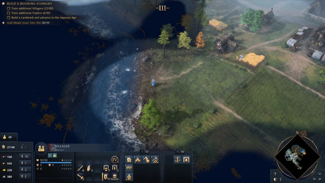 The Late Economy scenario shows a selected villager’s building menu, gathering assignments at lower left, and the explored river edge. Keep checking workers and resources as your base expands; reaching a later age does not remove those jobs.