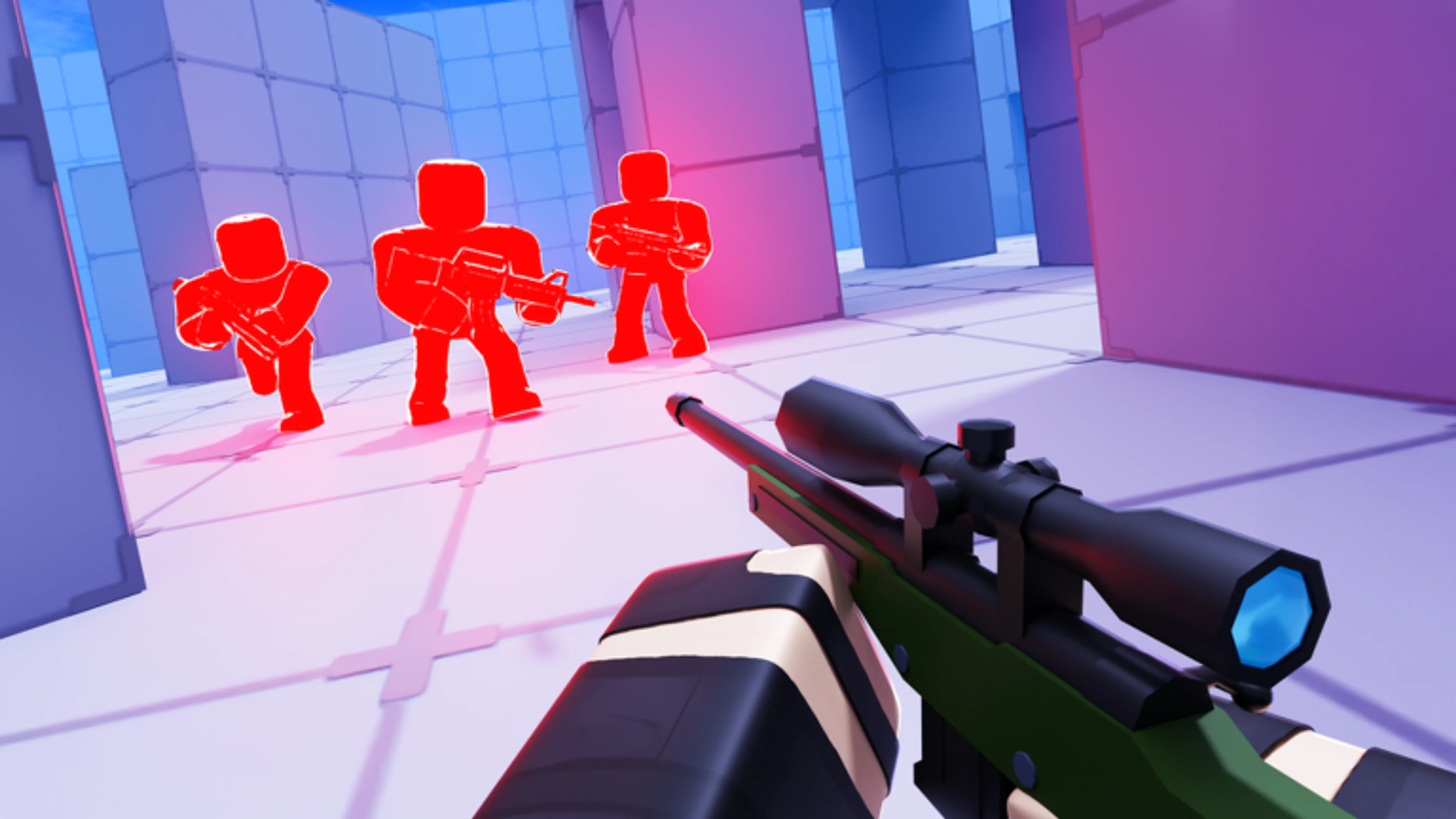 A RIVALS player aiming a sniper rifle at three opponents