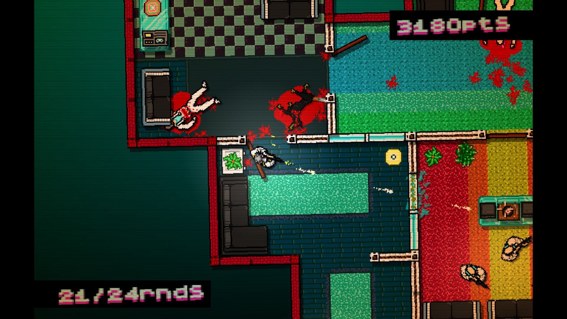 The player aims across a doorway in a multicolored top-down apartment while points appear on screen.