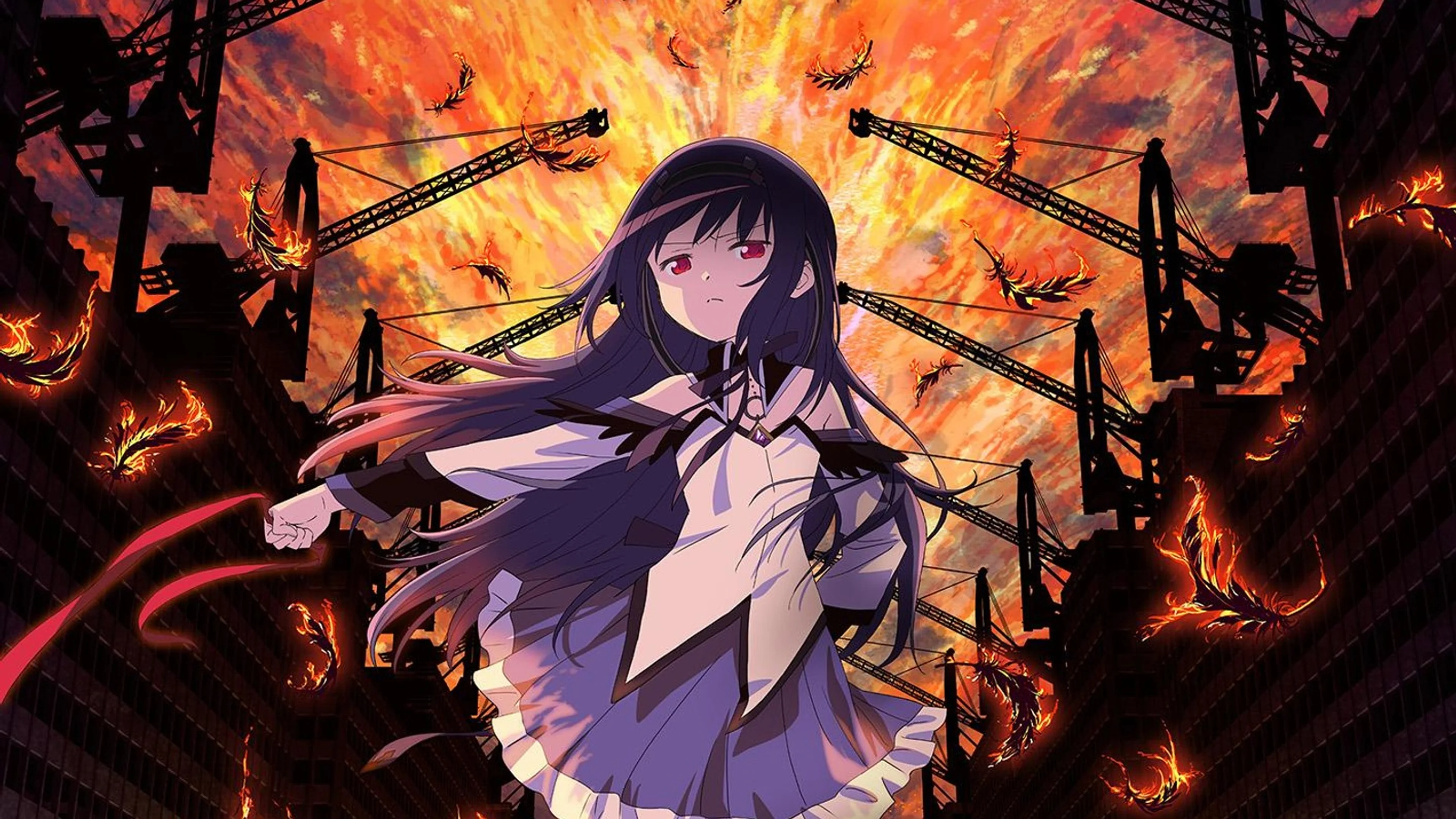 Homura Akemi stands against a burning orange sky in official Walpurgisnacht Rising artwork.