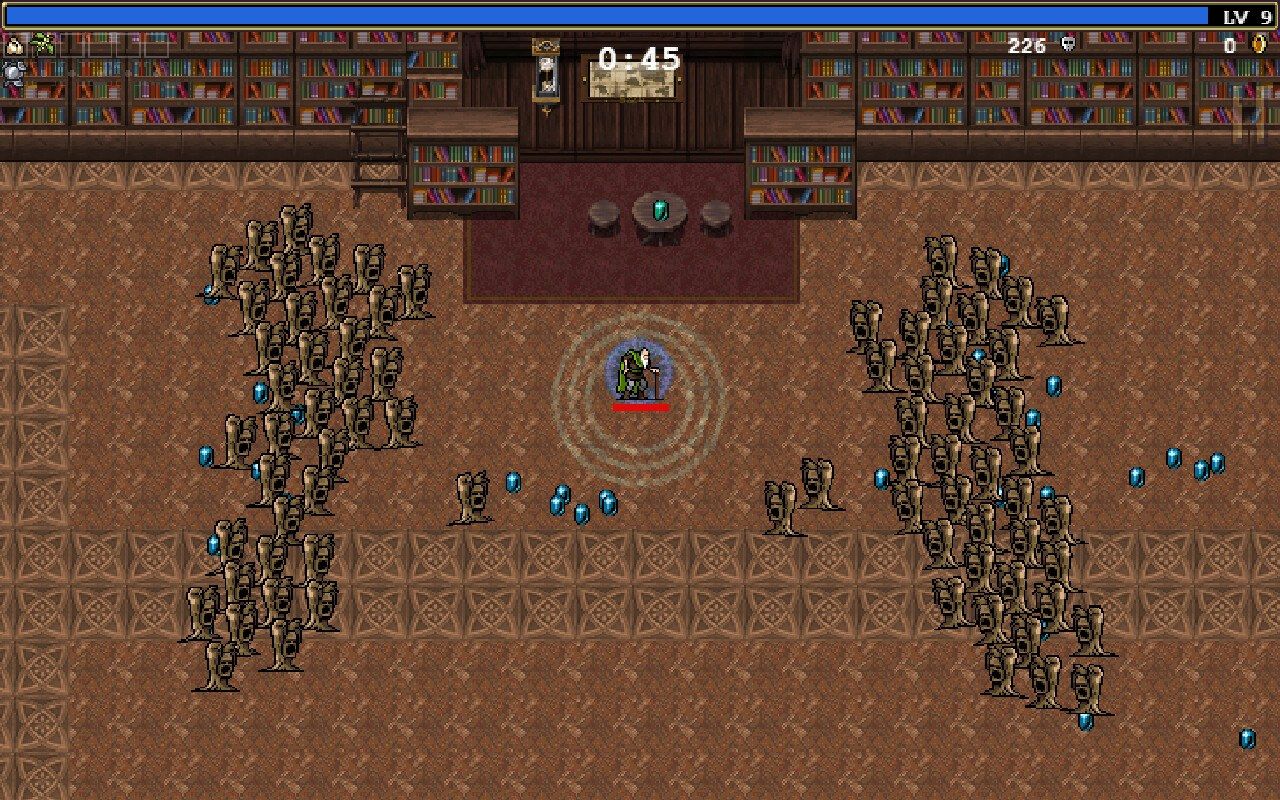 A survivor collects blue gems while enemies approach.