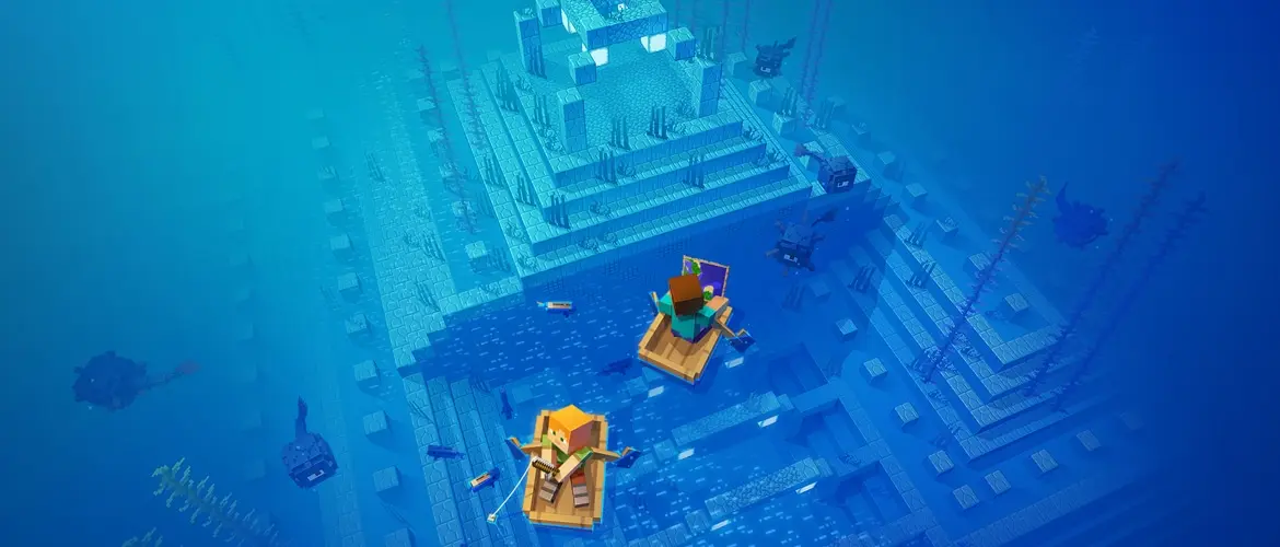 Two Minecraft players in boats above an Ocean Monument surrounded by guardians.