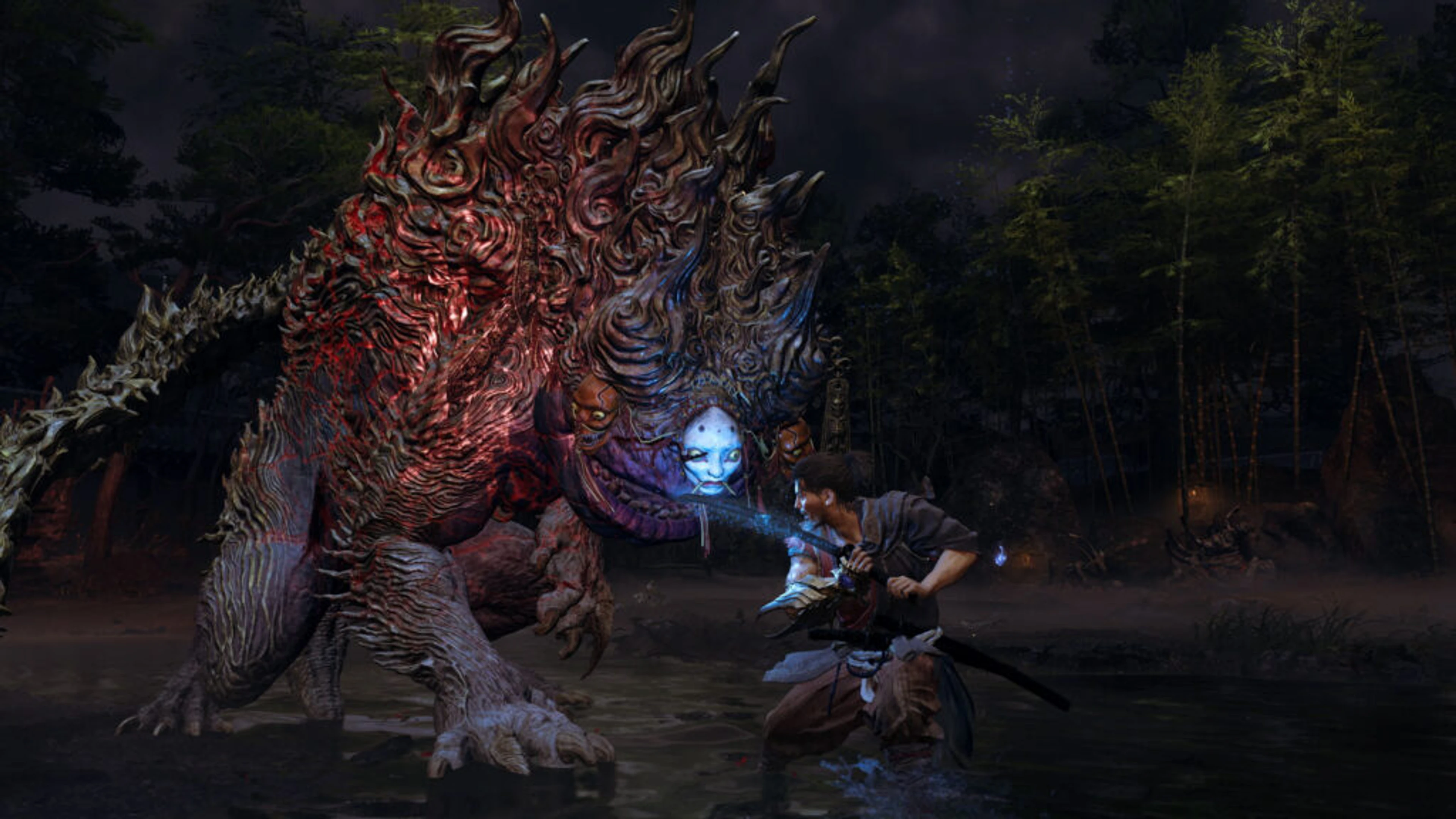 A samurai fights a huge monster in an official Onimusha: Way of the Sword screenshot.