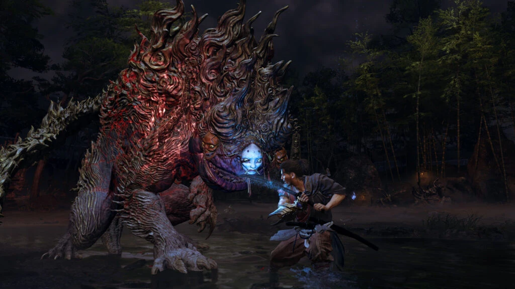 A samurai fights a huge monster in an official Onimusha: Way of the Sword screenshot.