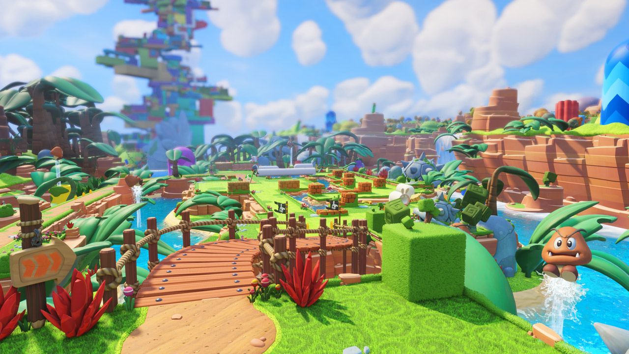 Mario and Rabbids explore a bright path between battles.
