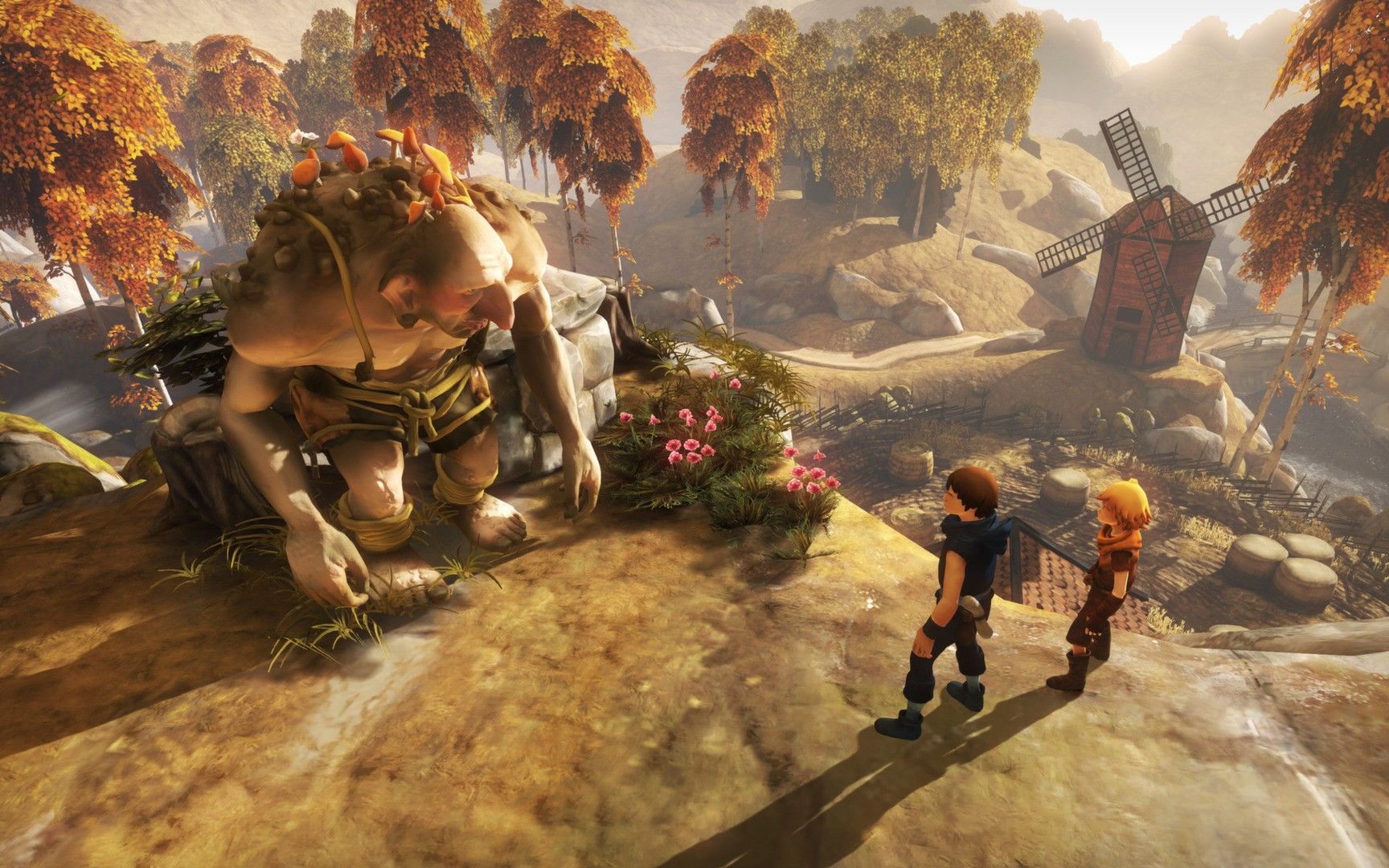 The brothers face a huge creature beside a rocky path.