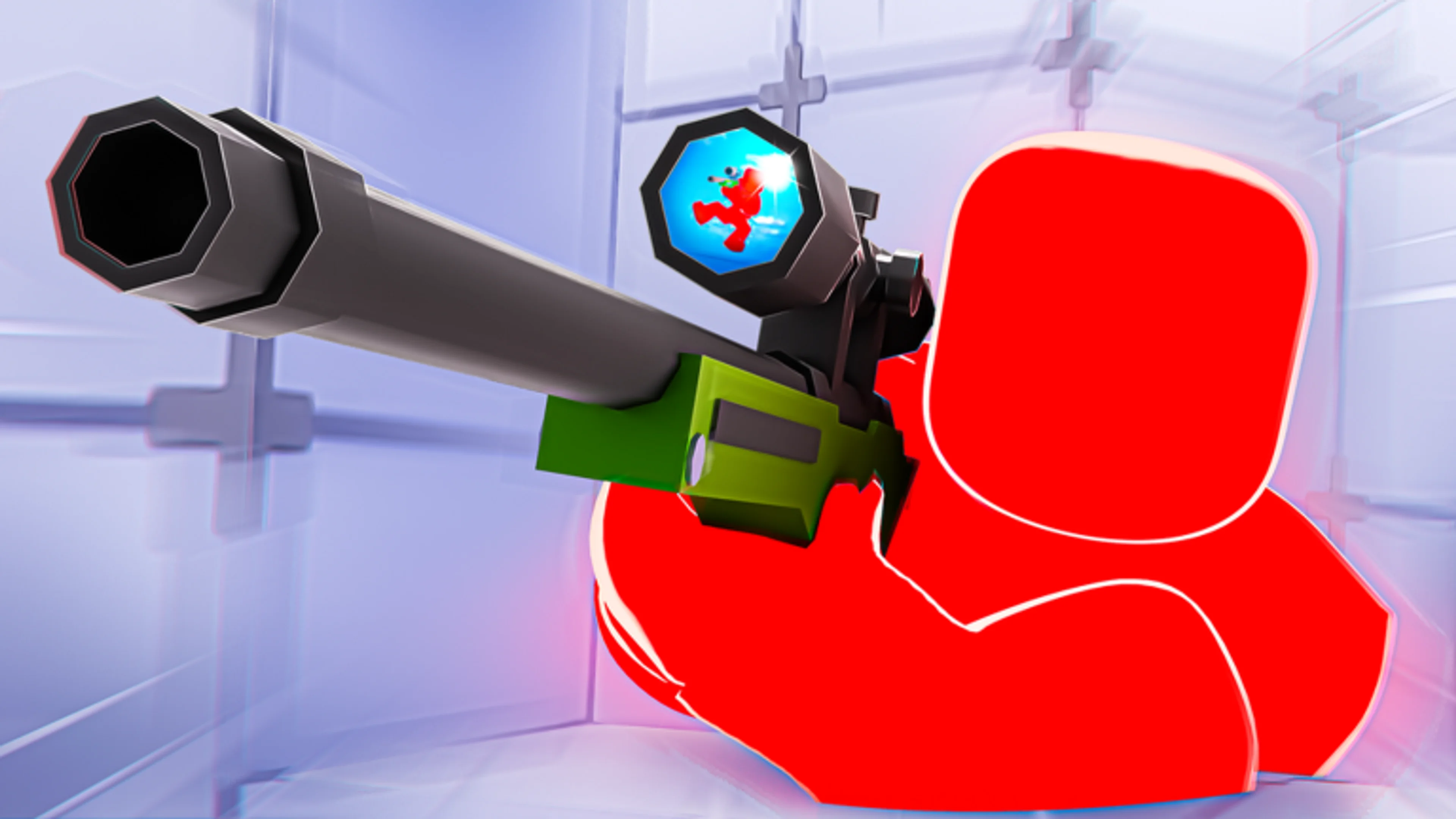 A red RIVALS fighter holds a green sniper rifle with an airborne opponent visible through its scope.