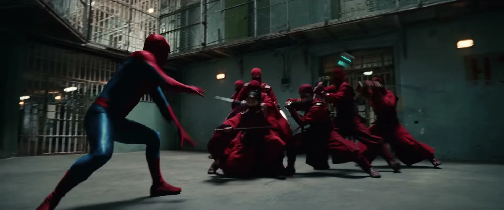 Spider-Man faces several masked red-clad fighters holding swords and other weapons in an enclosed room.
