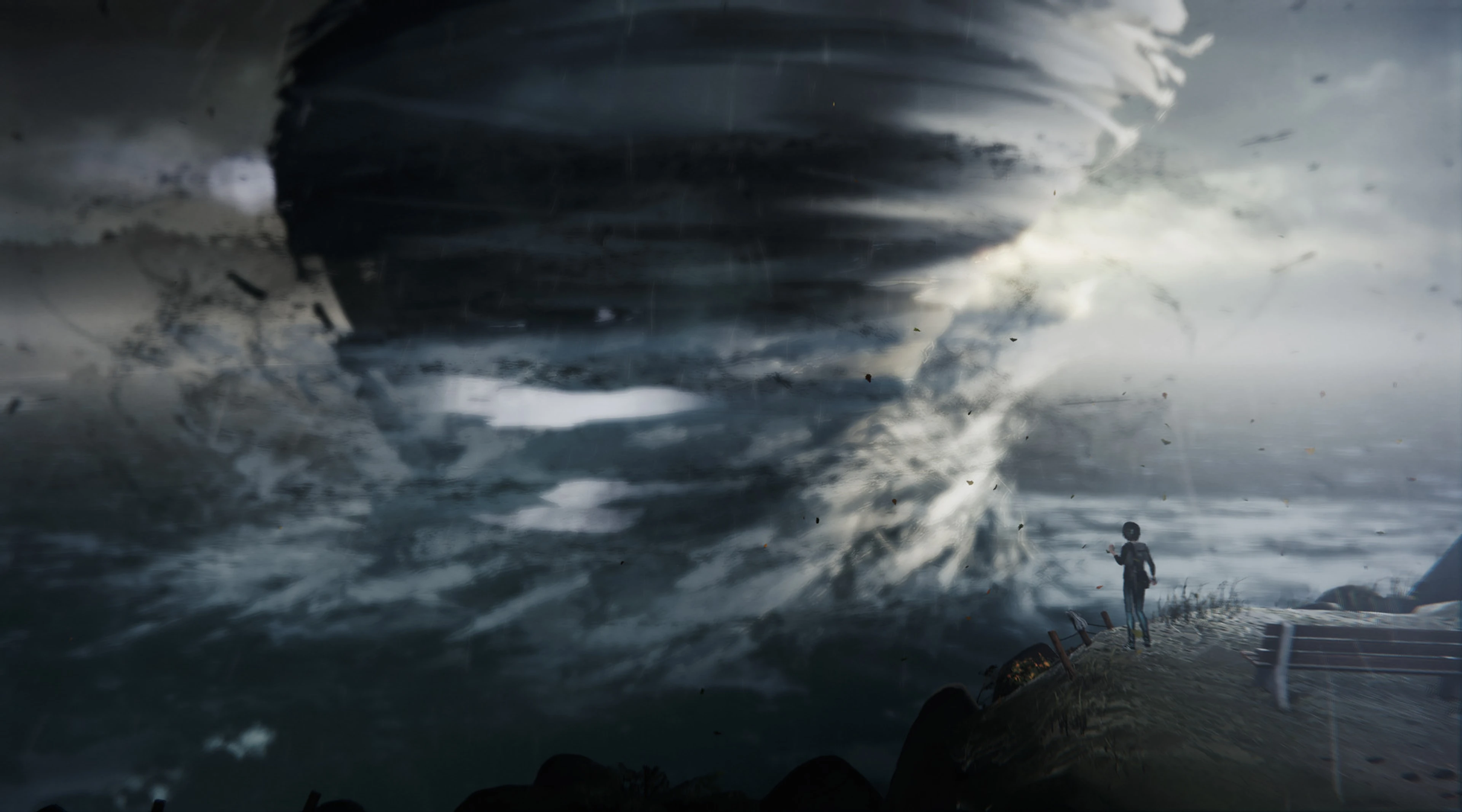 Max stands by a lighthouse while a storm approaches in Life is Strange.