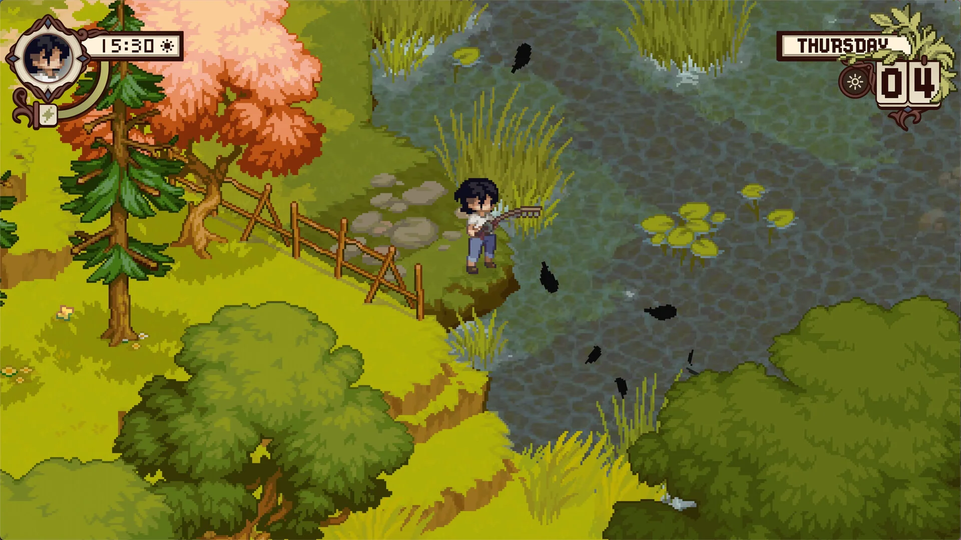 The player fishing during the day in Grave Seasons