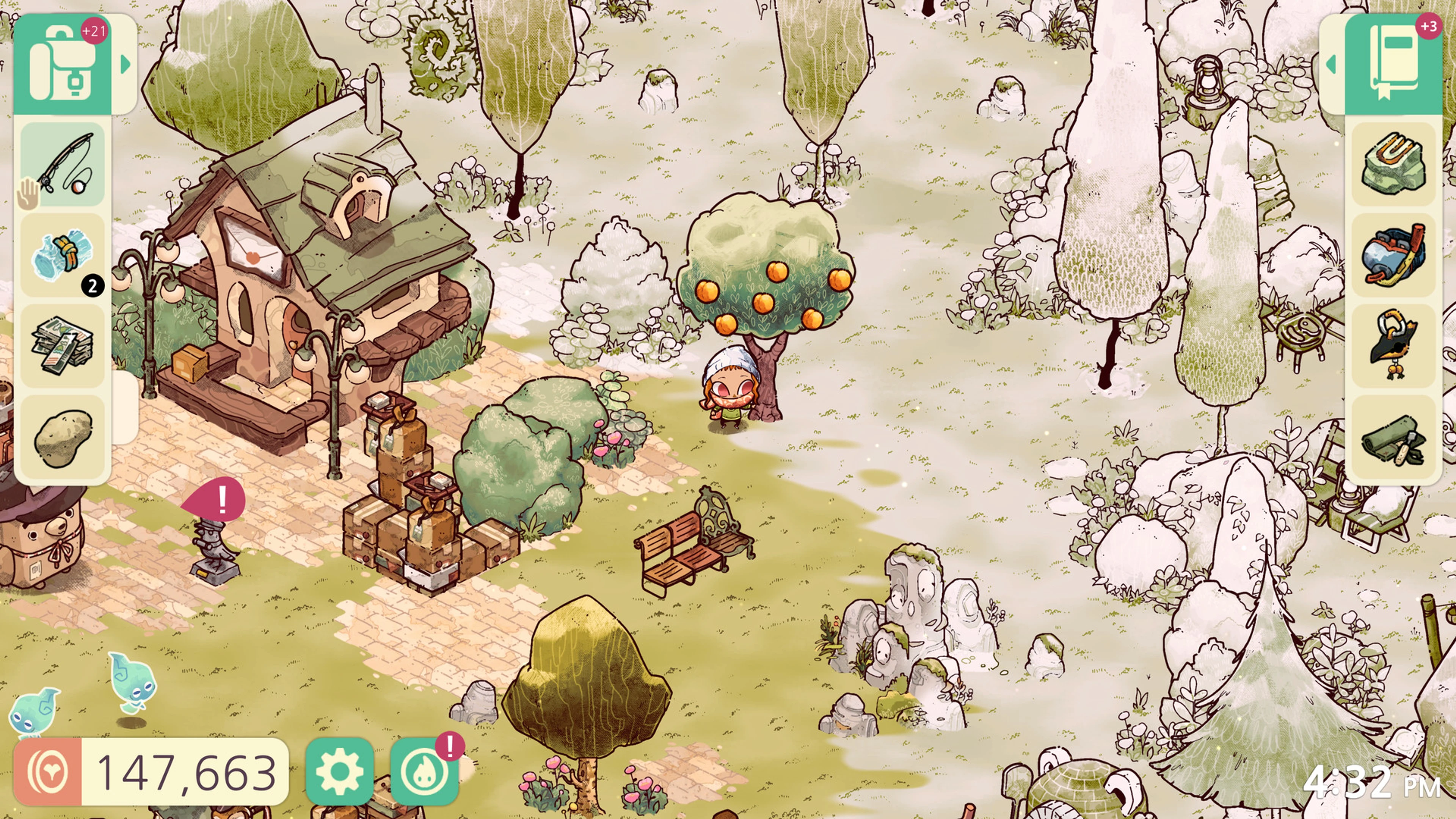 A Spirit Scout stands beside an orange tree and a small wooden building in Cozy Grove.
