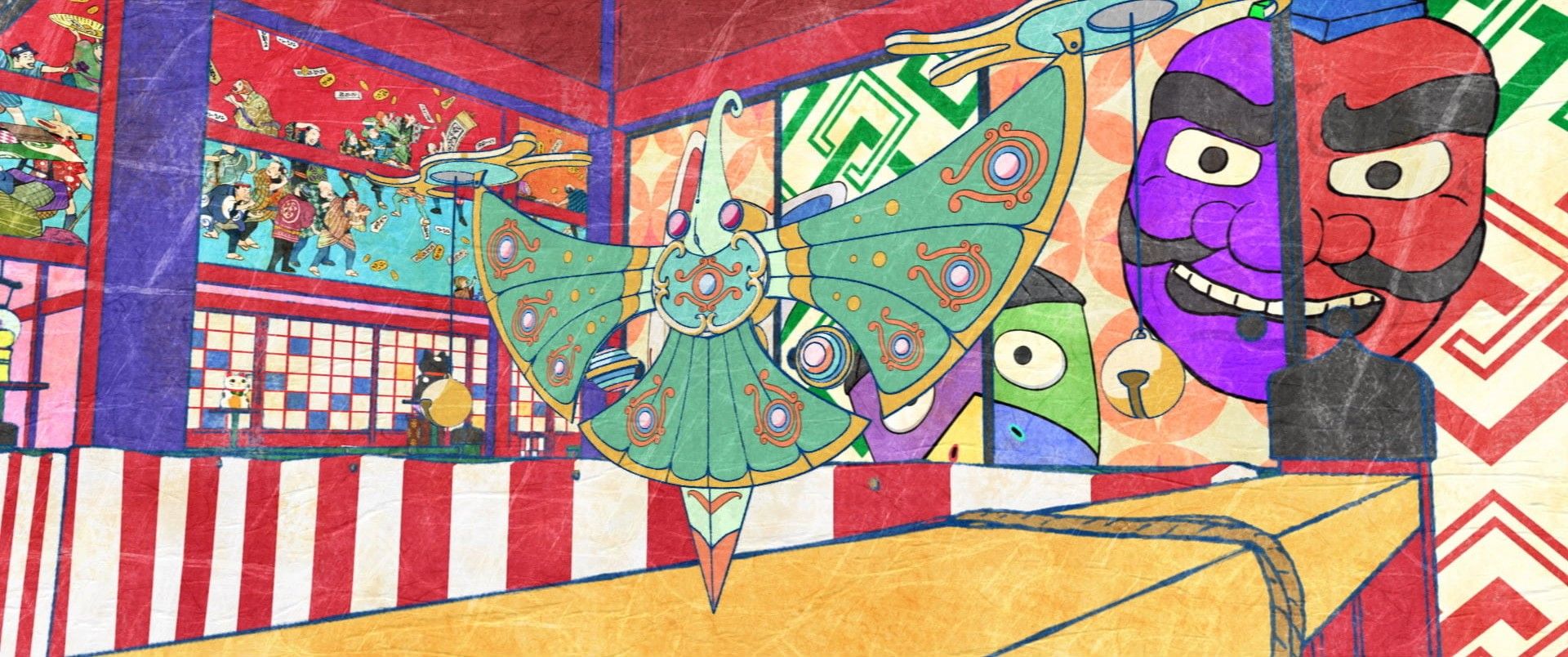 A painted bird hangs inside a palace room covered with brightly colored masks and patterns.
