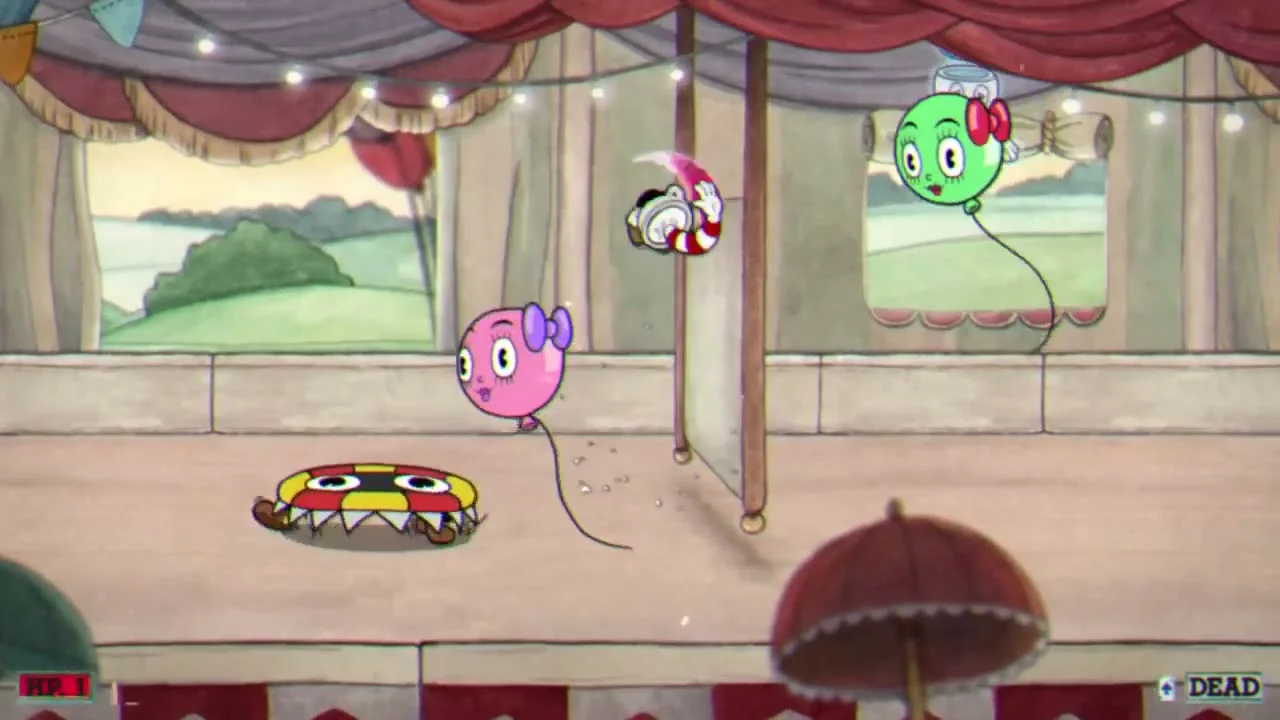 Cuphead leaps toward a pink balloon during a boss scene and shows a pink parry swipe, while a green balloon and other hazards remain nearby.