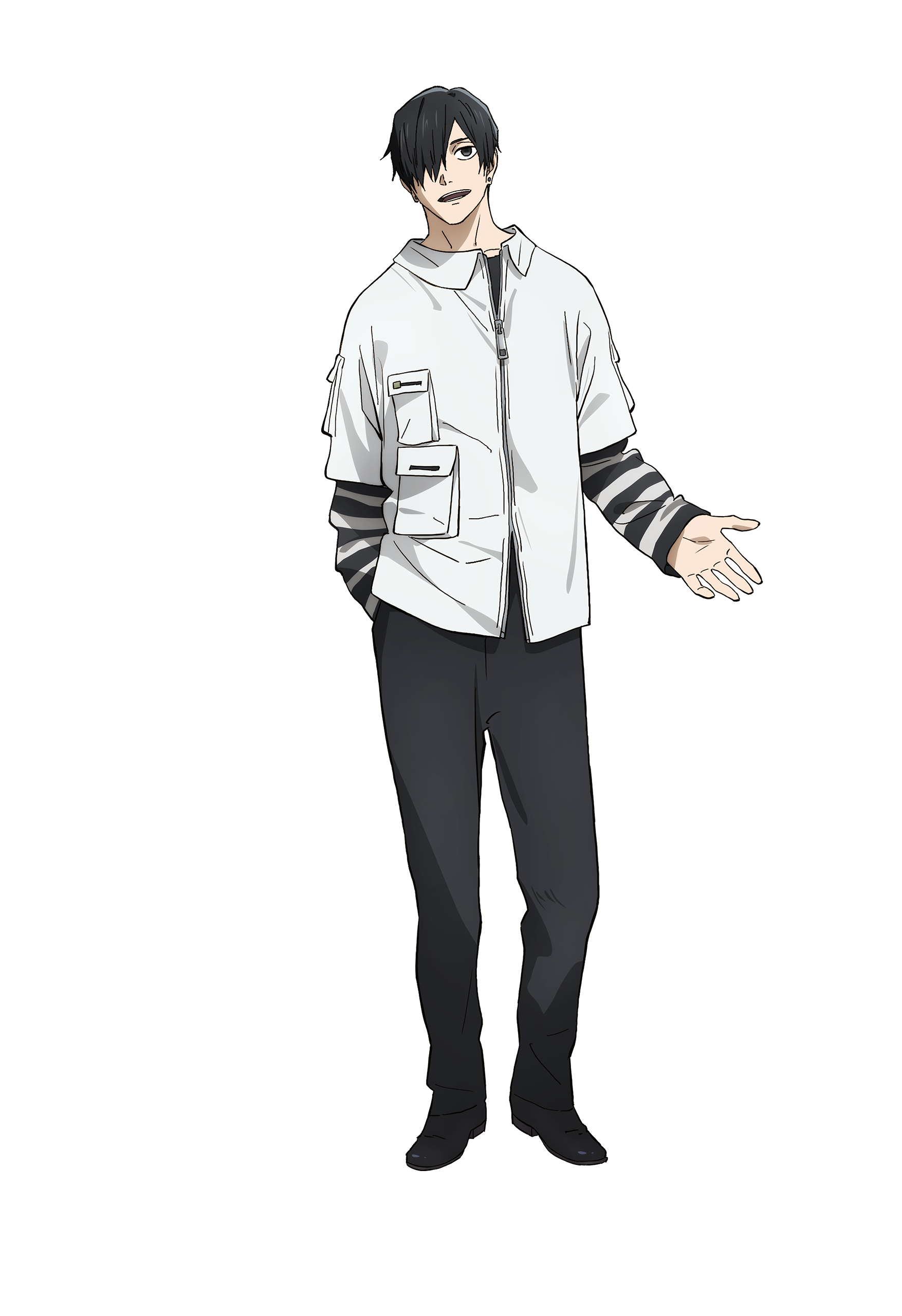 Soshiro Azami wears a white shirt over dark striped sleeves in official Kagurabachi artwork.