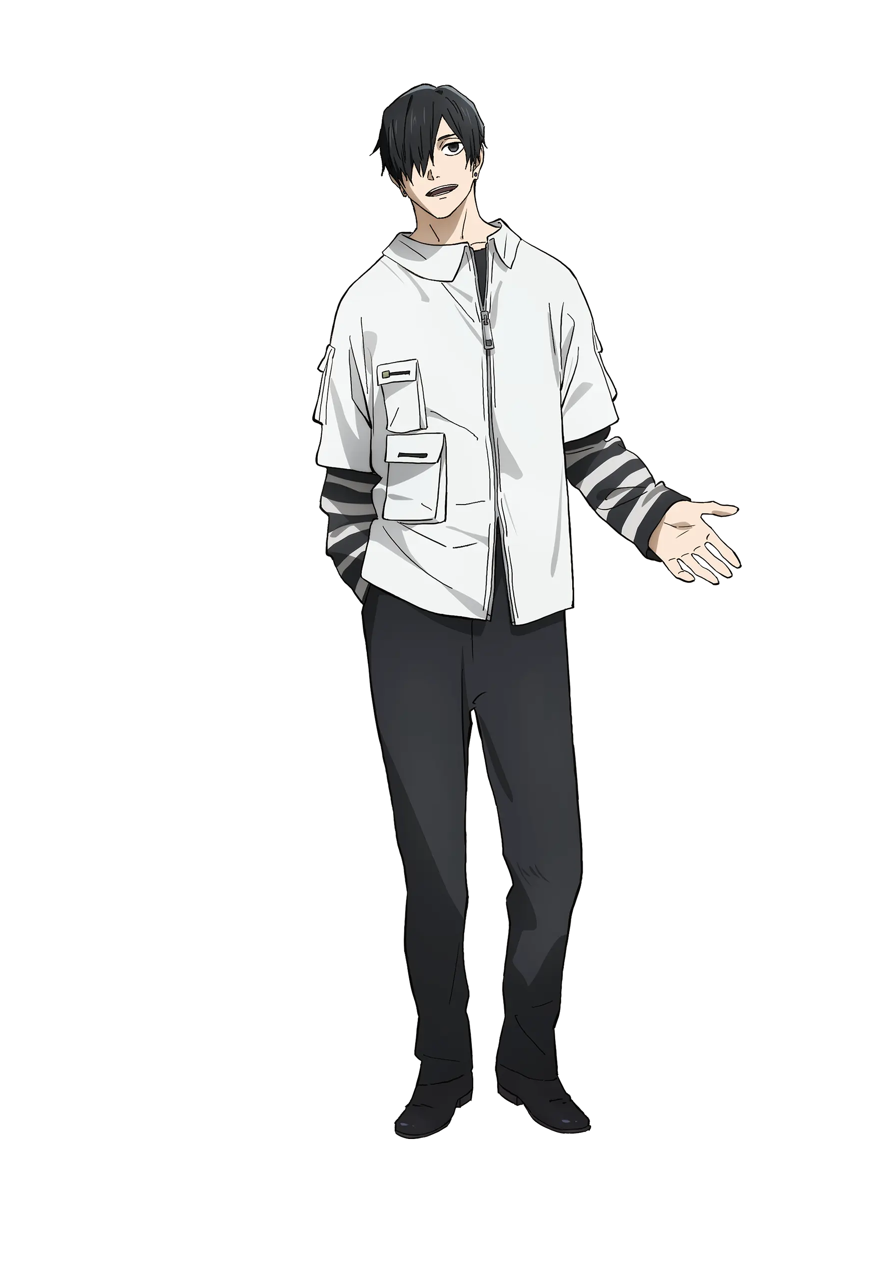 Soshiro Azami wears a white shirt over dark striped sleeves in official Kagurabachi artwork.