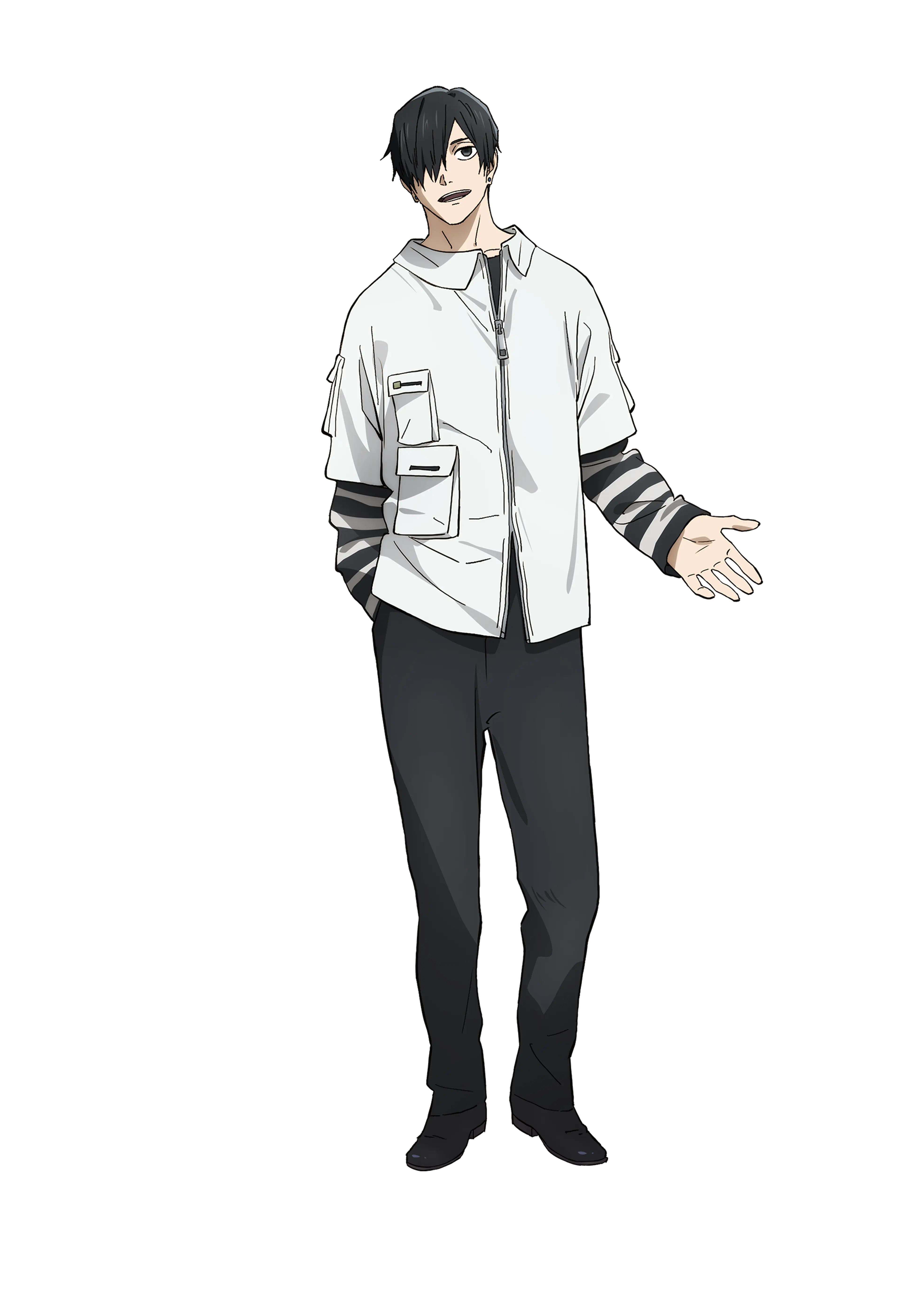 Soshiro Azami wears a white shirt over dark striped sleeves in official Kagurabachi artwork.