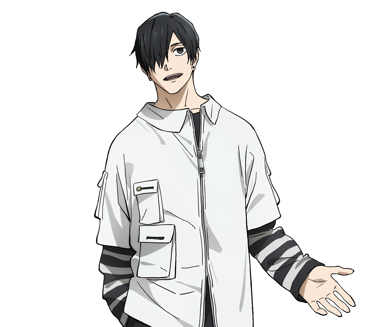 Soshiro Azami wears a white shirt over dark striped sleeves in official Kagurabachi artwork.