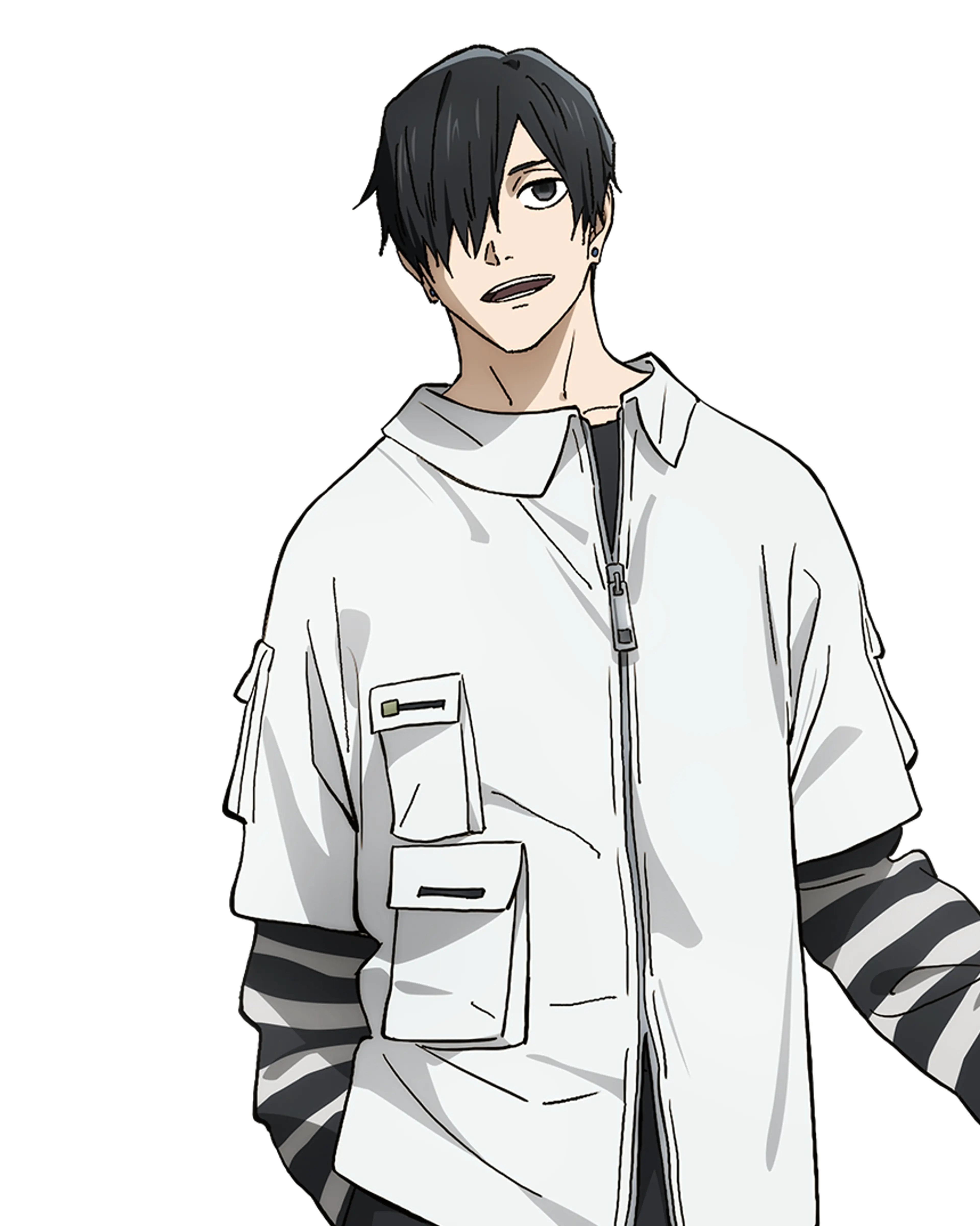 Soshiro Azami wears a white shirt over dark striped sleeves in official Kagurabachi artwork.