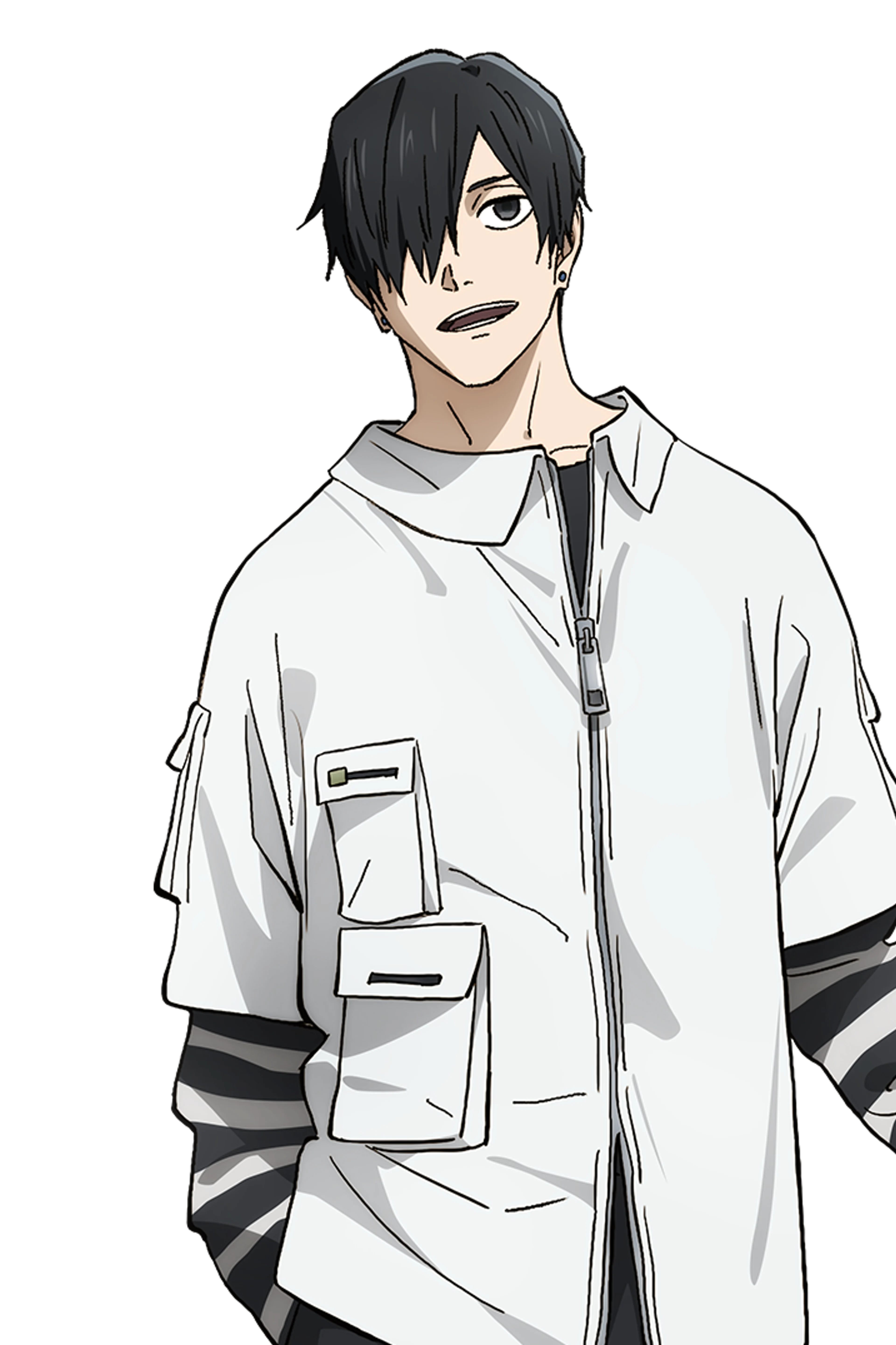Soshiro Azami wears a white shirt over dark striped sleeves in official Kagurabachi artwork.