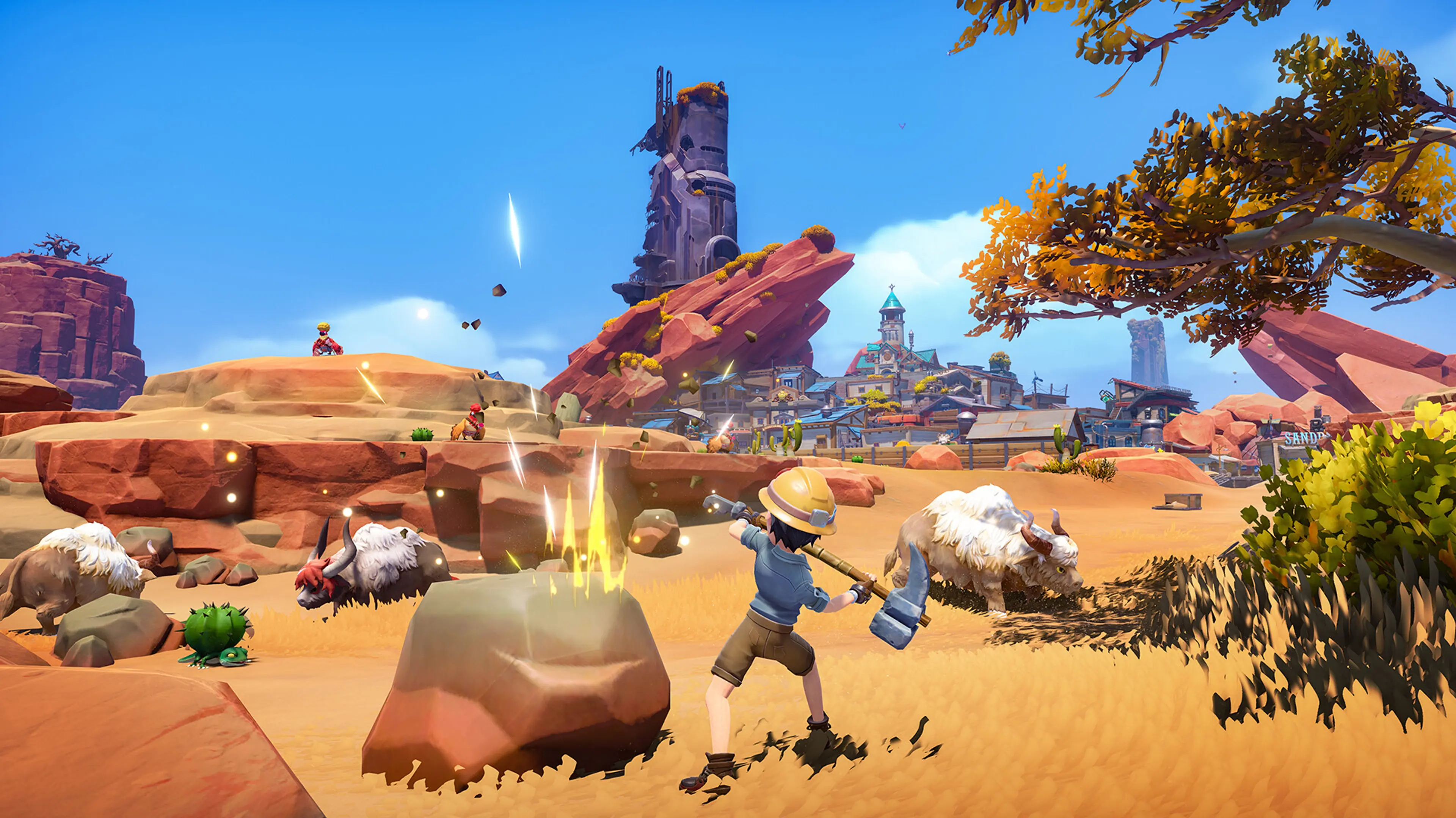 A builder breaking a rock to gather materials in My Time at Sandrock.