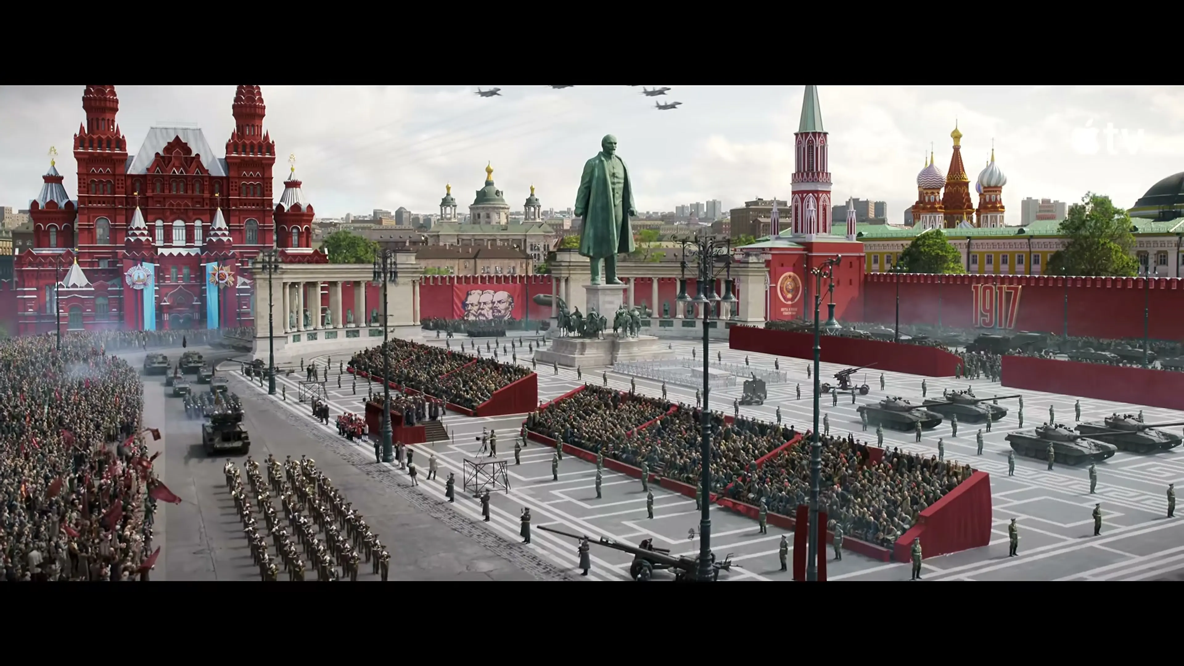 A Soviet military parade crosses Red Square in Mayday.