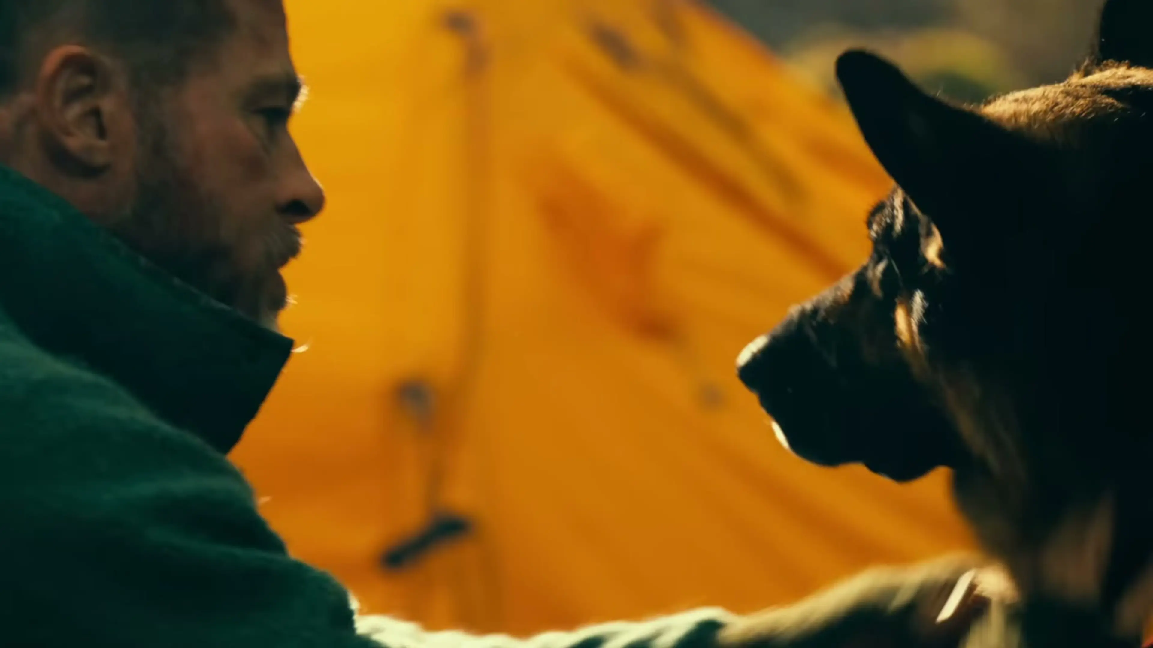 Brad Pitt as James Belmont faces his combat dog Odin inside a yellow shelter in Heart of the Beast.