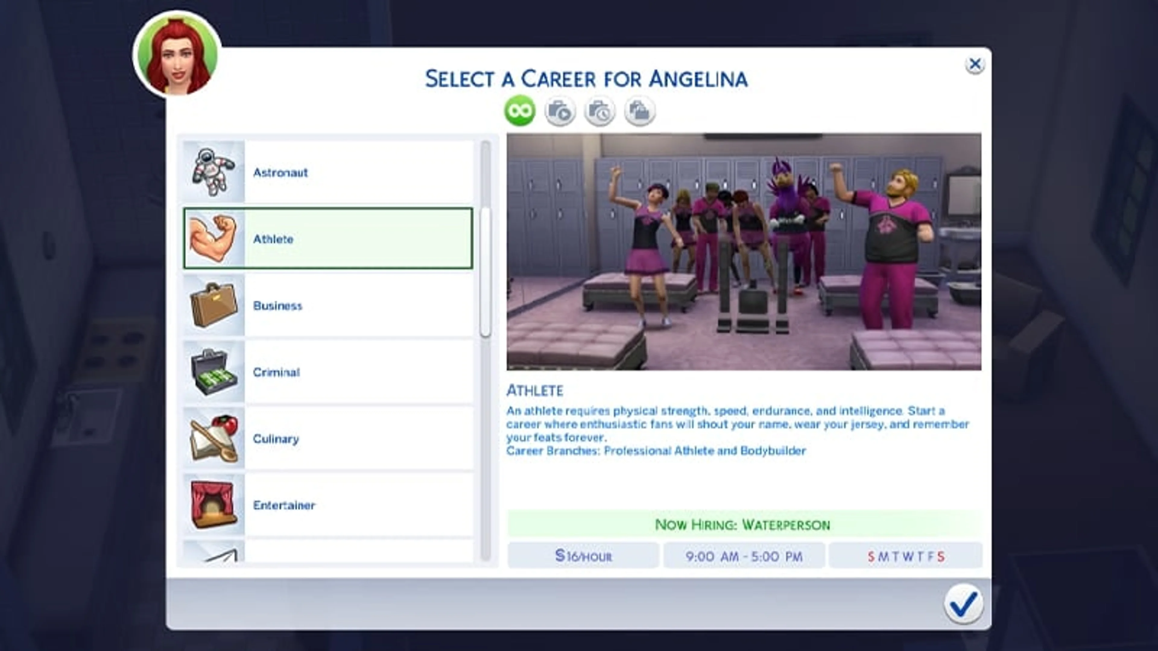 Official EA screenshot of the Select a Career window with Athlete highlighted and its schedule and pay visible.