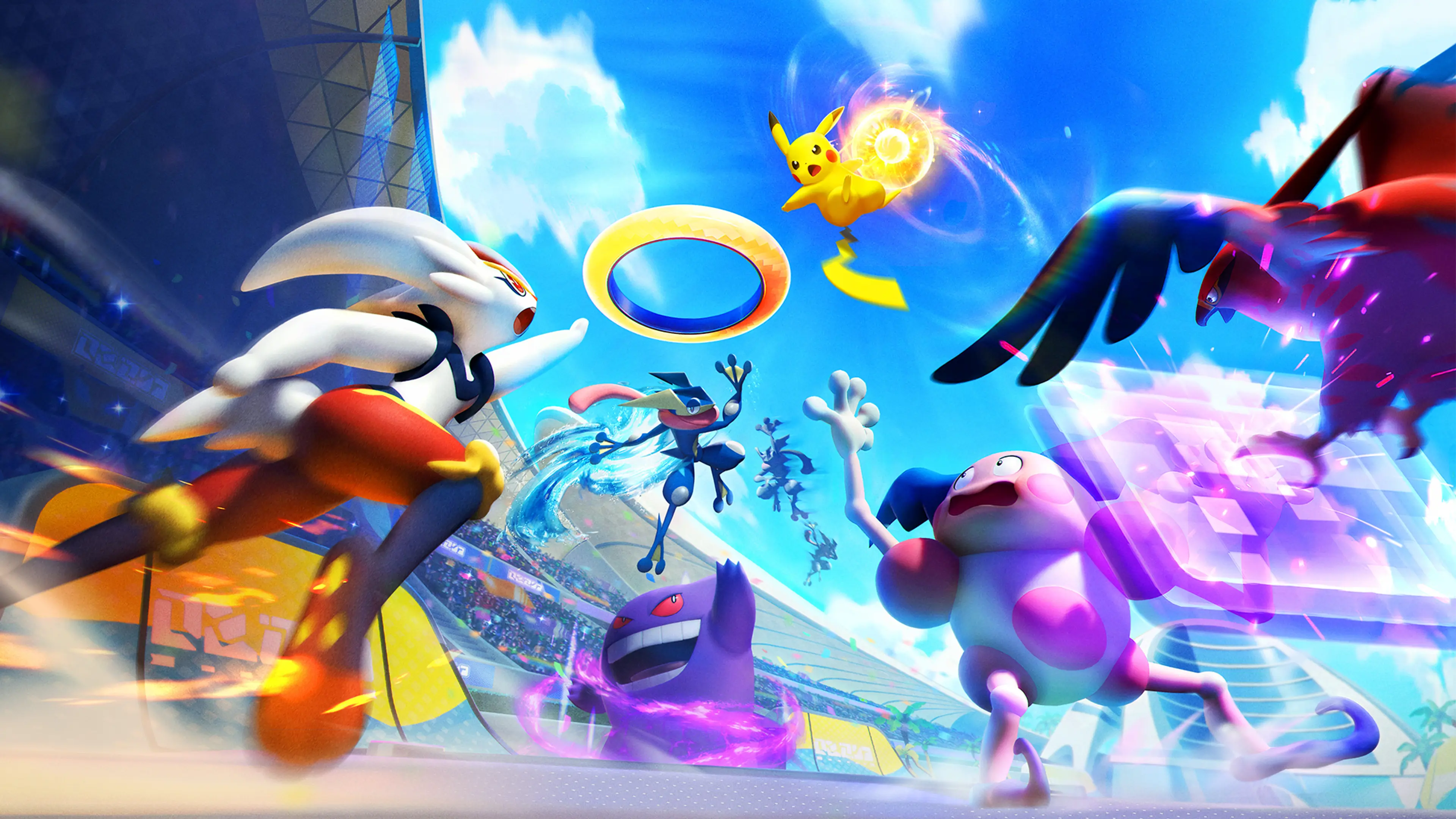 Pikachu, Cinderace, Greninja, Mr. Mime, and Yveltal charge through a blue-and-purple Pokémon UNITE arena.