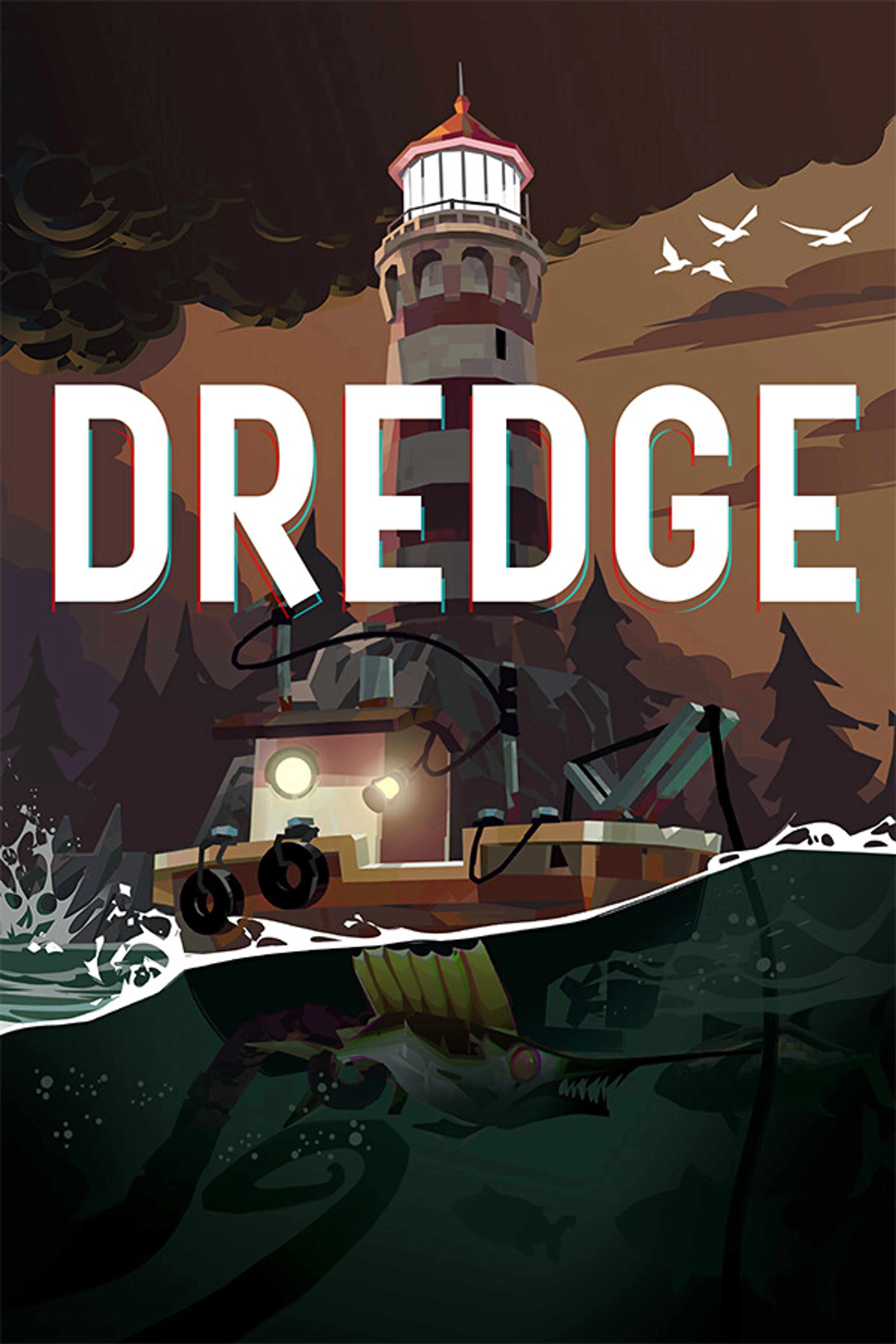Official DREDGE cover: a trawler sails beneath a lighthouse while a large fish lurks under the water.
