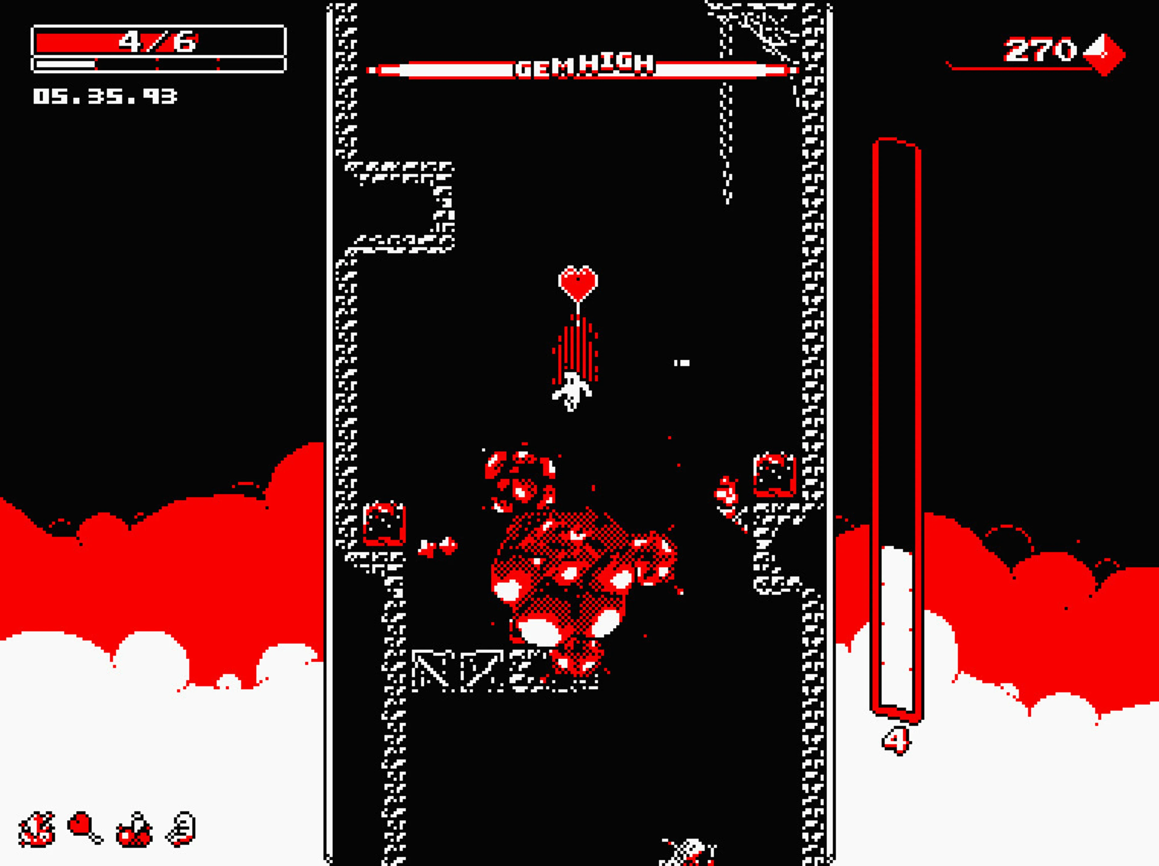Downwell screenshot: a red GEMHIGH strip is across the top, gem money is at top right, and the white character is above a large red enemy.