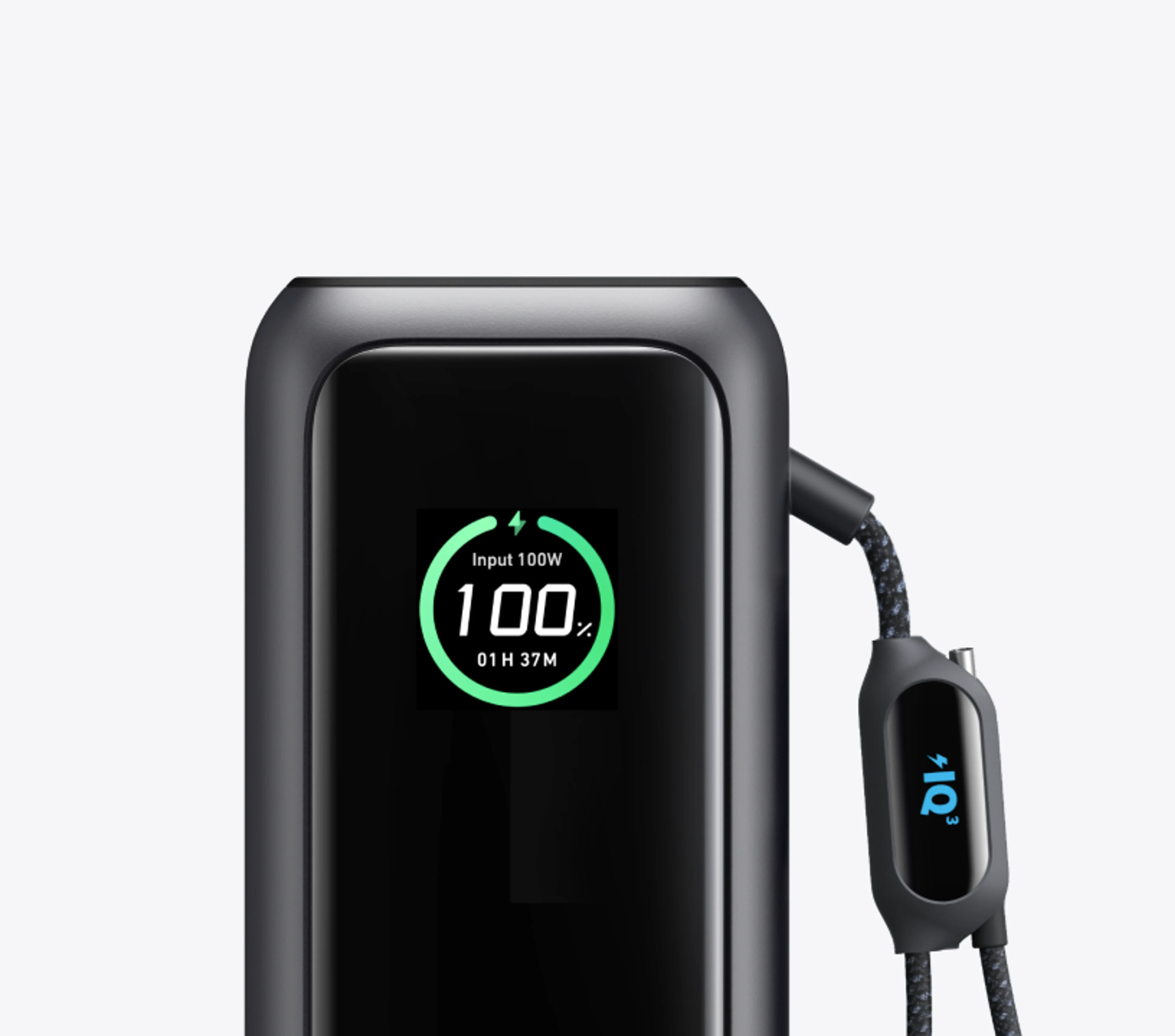 Close-up of the Anker A1695 display and braided USB-C loop cable